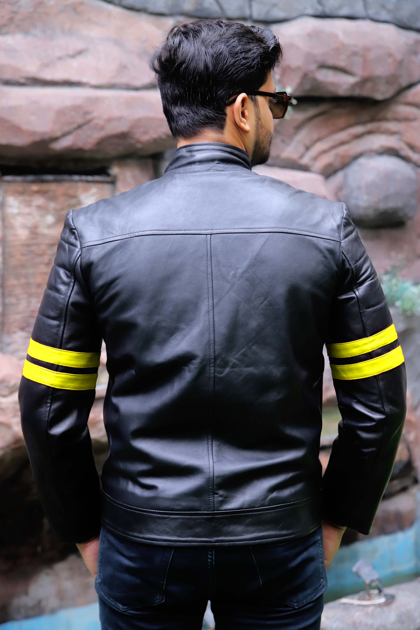 SARGODHA JACKET Men's Cafe Racer Leather Jacket With Yellow Bicep Stripes, Biker Leather Jacket For Men- Black/Yellow