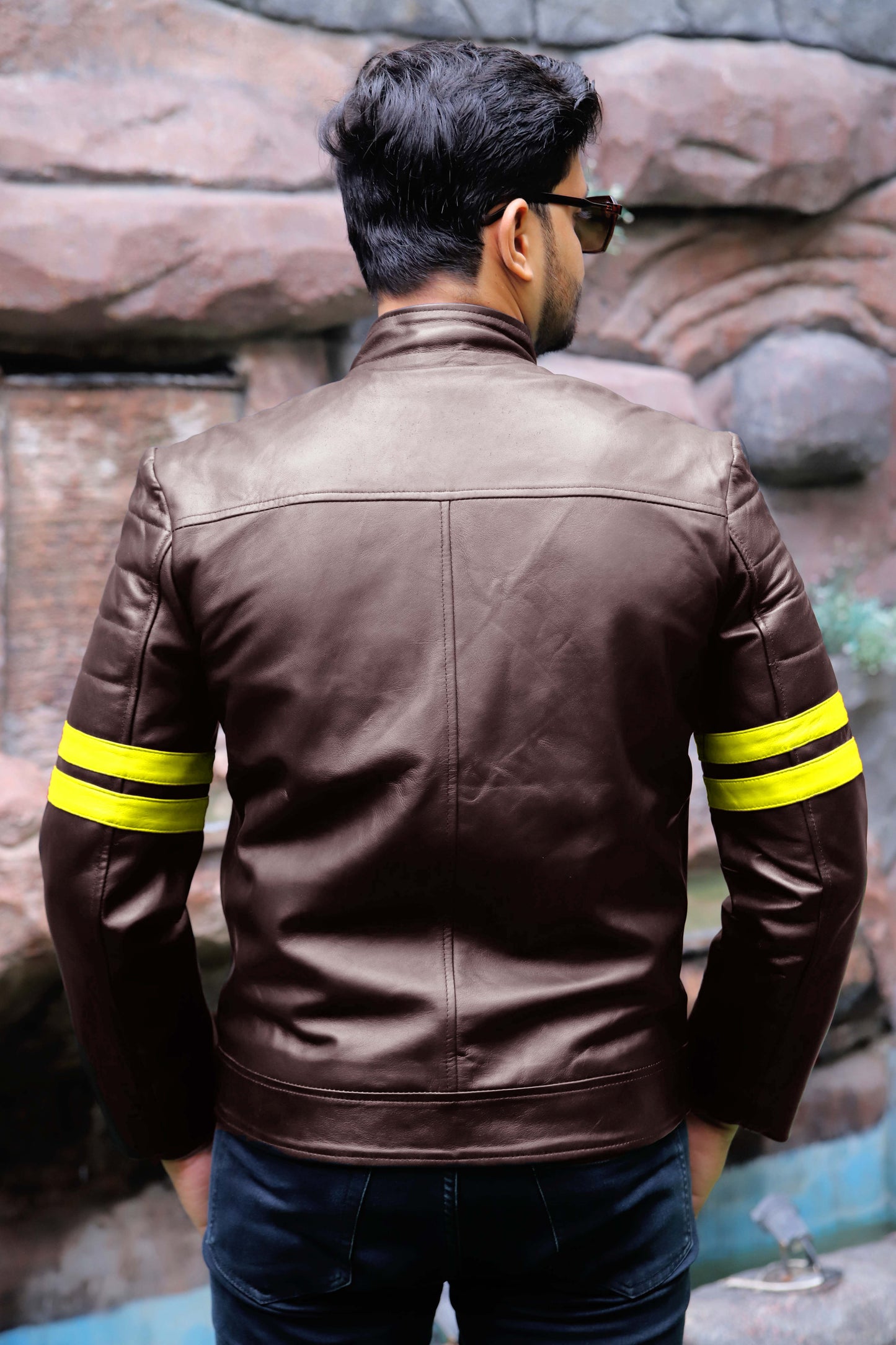 SARGODHA JACKET Men's Cafe Racer Leather Jacket With Yellow Bicep Stripes, Biker Leather Jacket For Men- Brown/Yellow