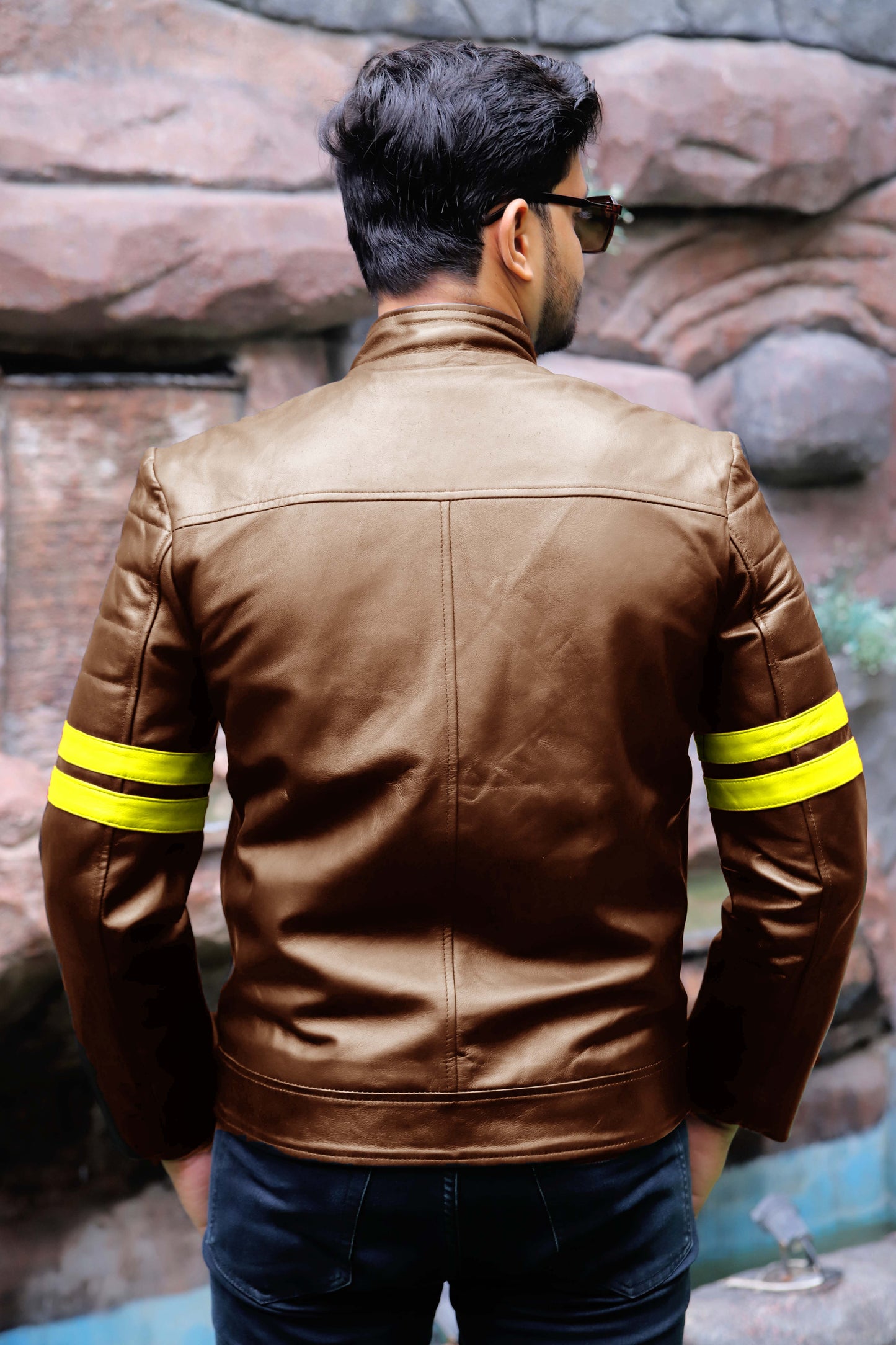 SARGODHA JACKET Men's Cafe Racer Leather Jacket With Yellow Bicep Stripes, Biker Leather Jacket For Men- Cognac/Yellow