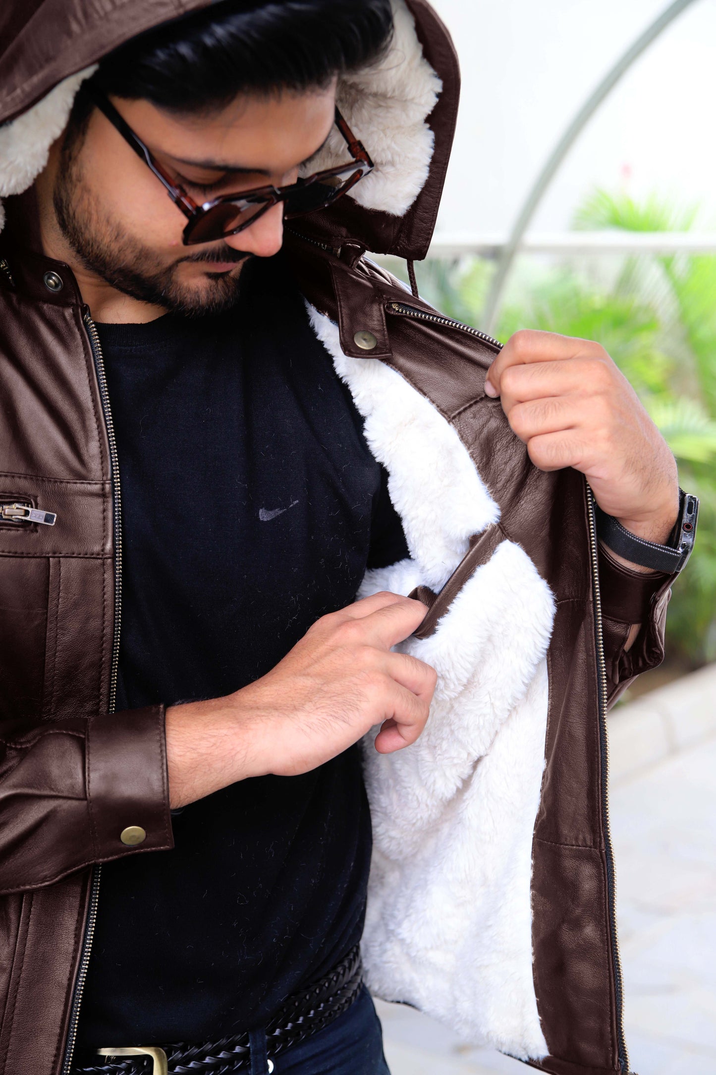 KOHAT JACKET Men's Leather Jacket With Fur Inner & (Removeable Hood), Biker Hooded Leather Jacket For Men- Brown