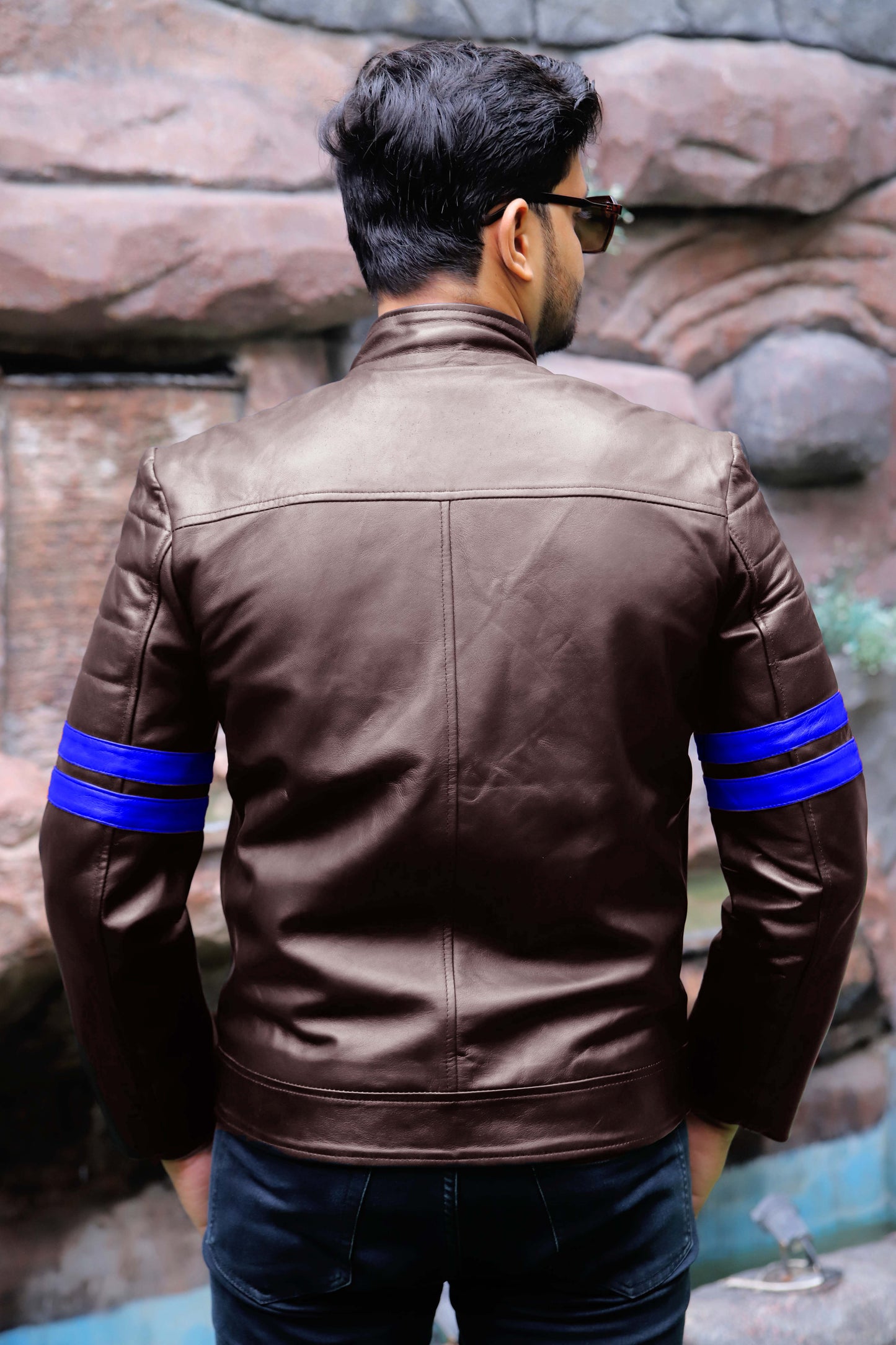 SARGODHA JACKET Men's Cafe Racer Leather Jacket With Blue Bicep Stripes, Biker Leather Jacket For Men- Brown/Blue