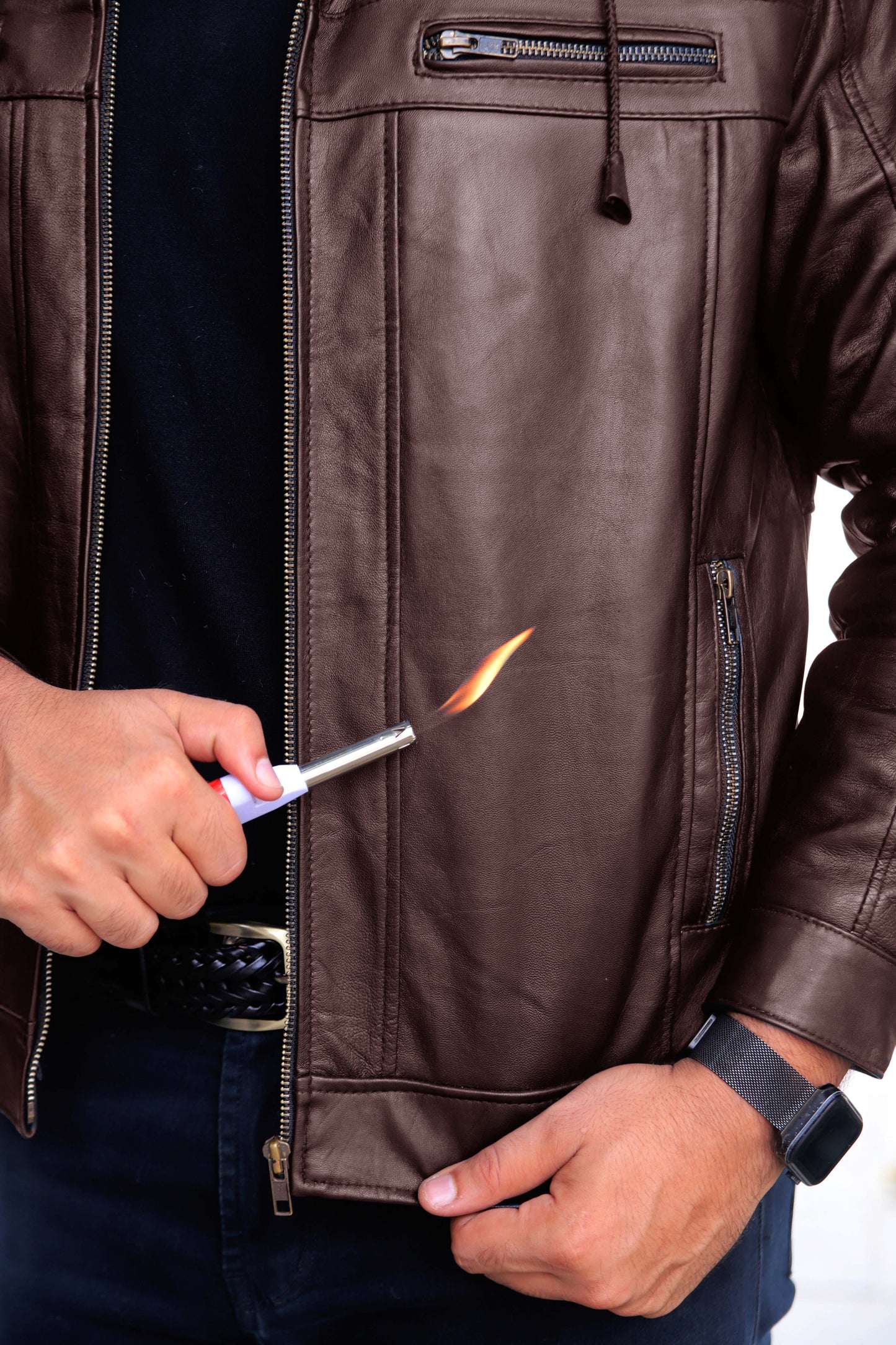 KOHAT JACKET Men's Leather Jacket With Fur Inner & (Removeable Hood), Biker Hooded Leather Jacket For Men- Brown