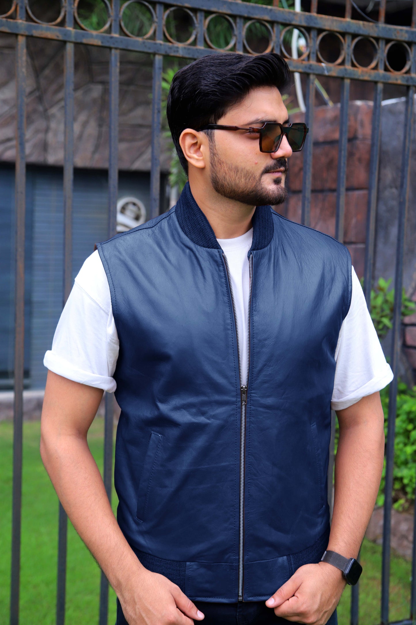 MINGORA JACKET Men's Leather Vest, Formal Leather Vest, Biker Leather Vest, Casual Leather Vest For Men-Blue