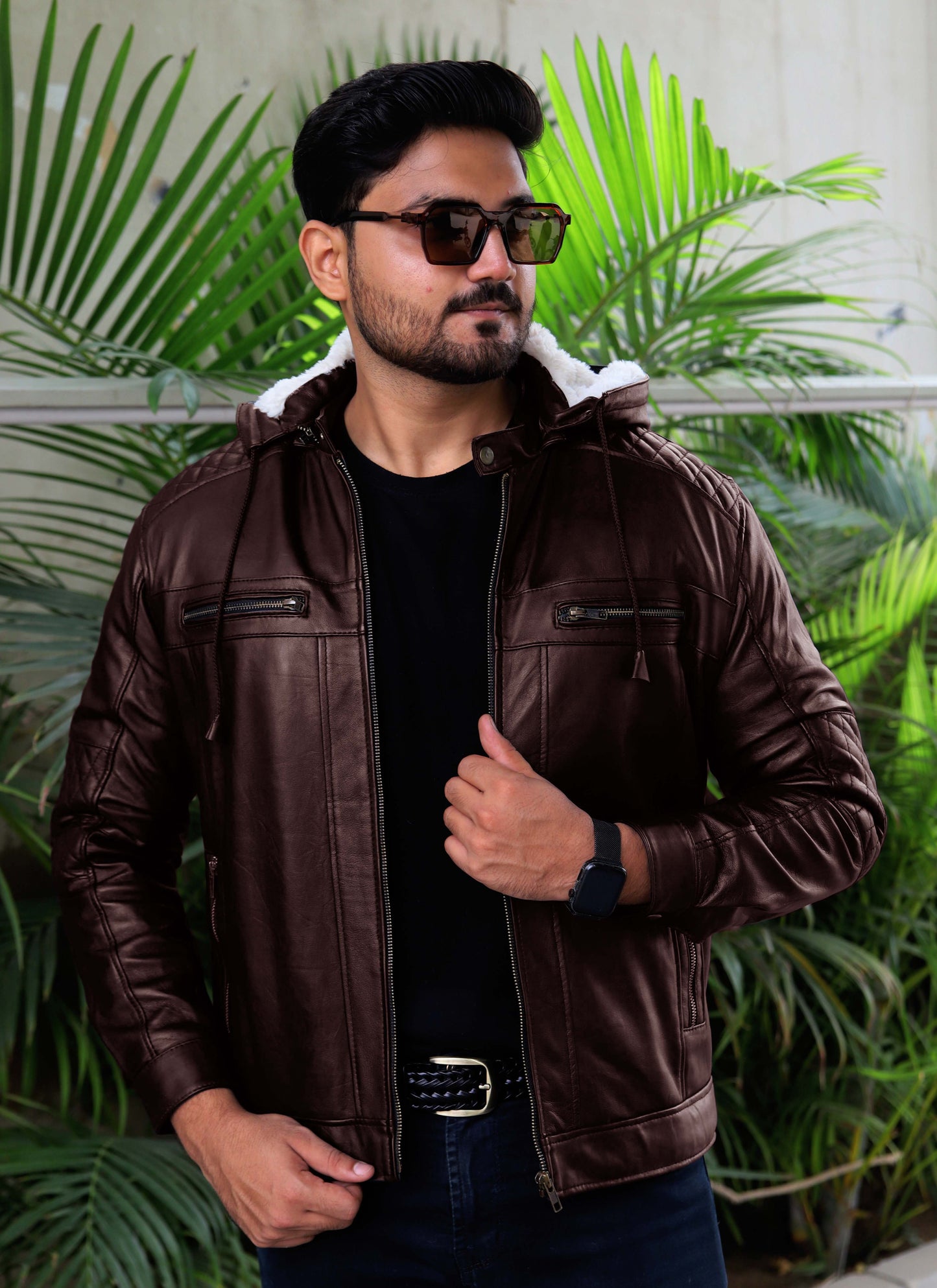 KOHAT JACKET Men's Leather Jacket With Fur Inner & (Removeable Hood), Biker Hooded Leather Jacket For Men- Brown