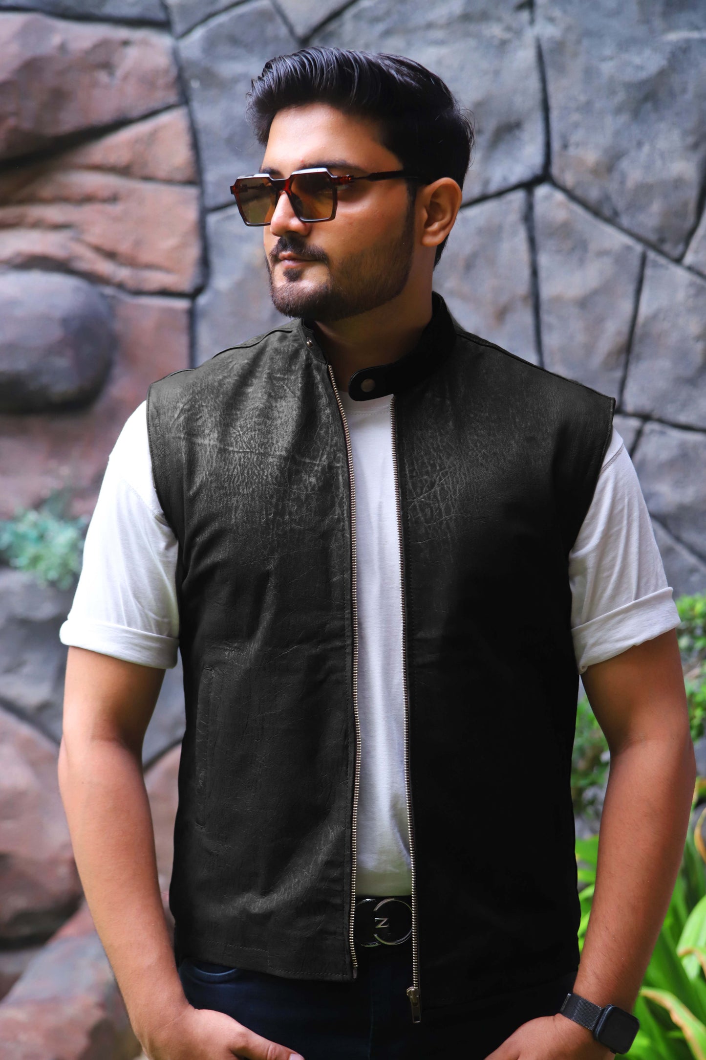 BUREWALA JACKET Men's Leather Vest, Formal Leather Vest, Biker Leather Vest, Casual Leather Vest For Men- Black