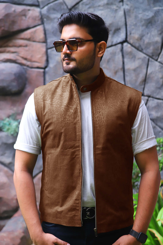 BUREWALA JACKET Men's Leather Vest, Formal Leather Vest, Biker Leather Vest, Casual Leather Vest For Men- Cognac