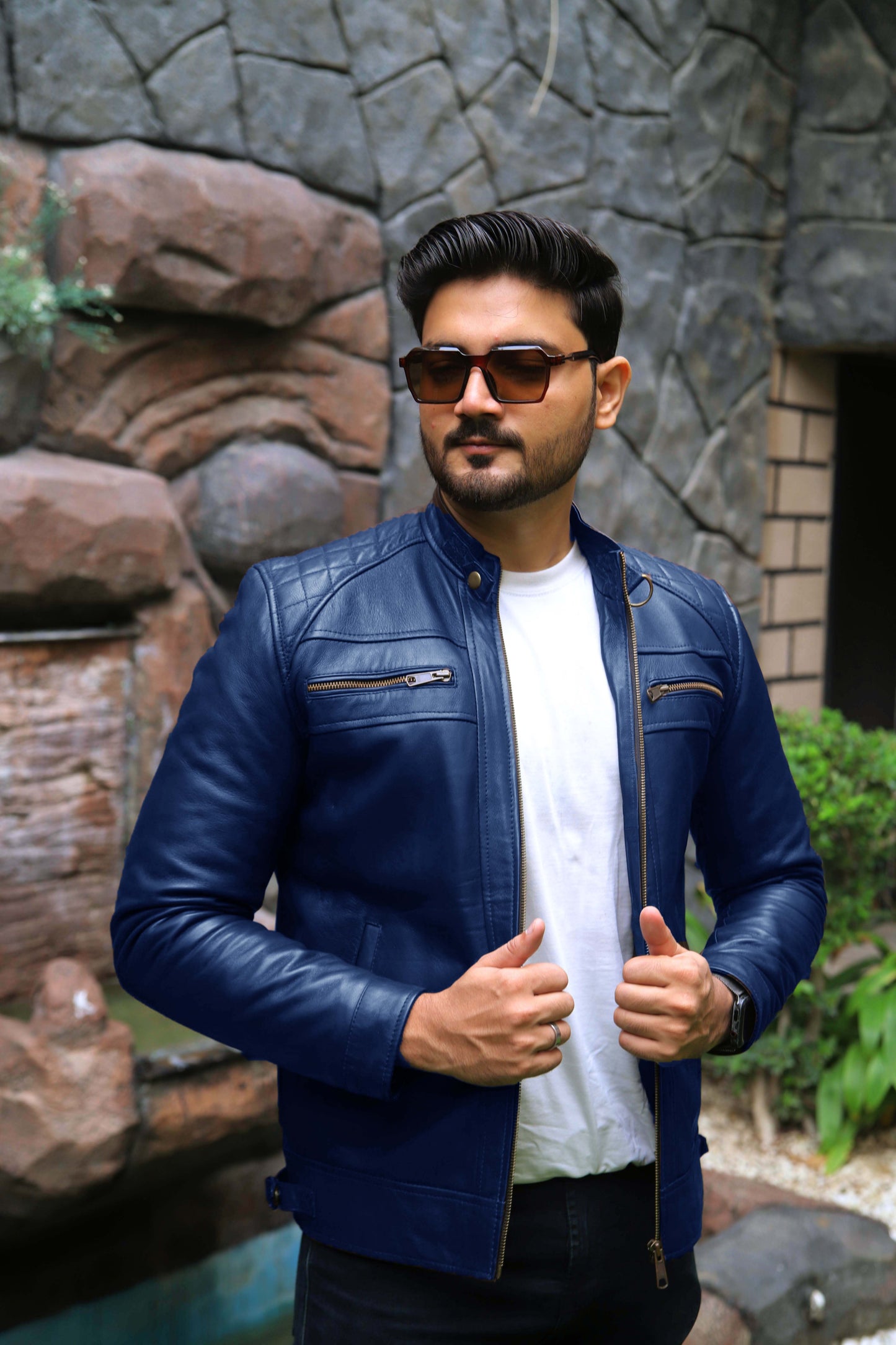 SAHIWAL JACKET Men's Leather Jacket For Men, Diamond Style Biker Jacket For Men-Blue