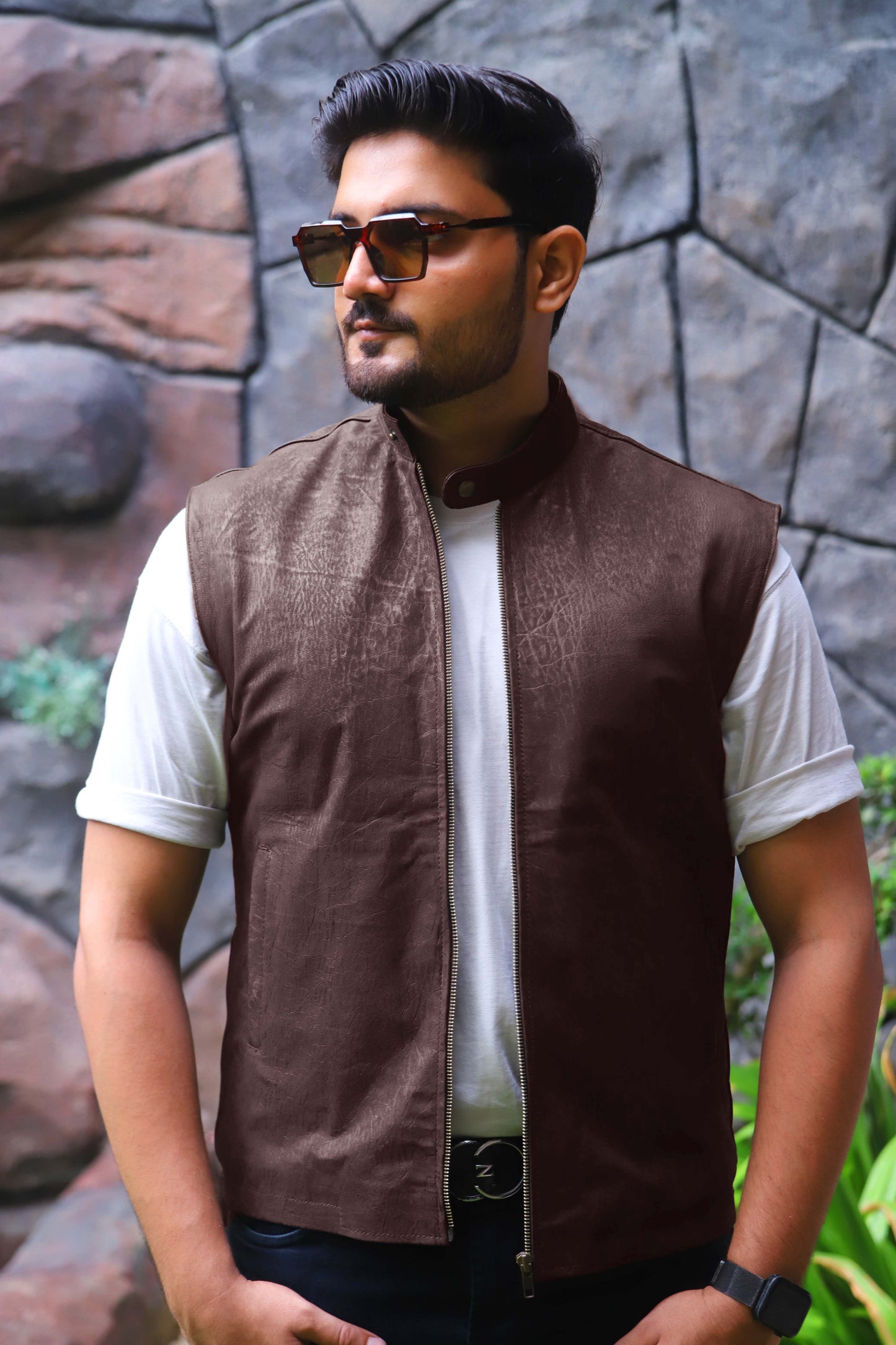 BUREWALA JACKET Men's Leather Vest, Formal Leather Vest, Biker Leather Vest, Casual Leather Vest For Men- Brown