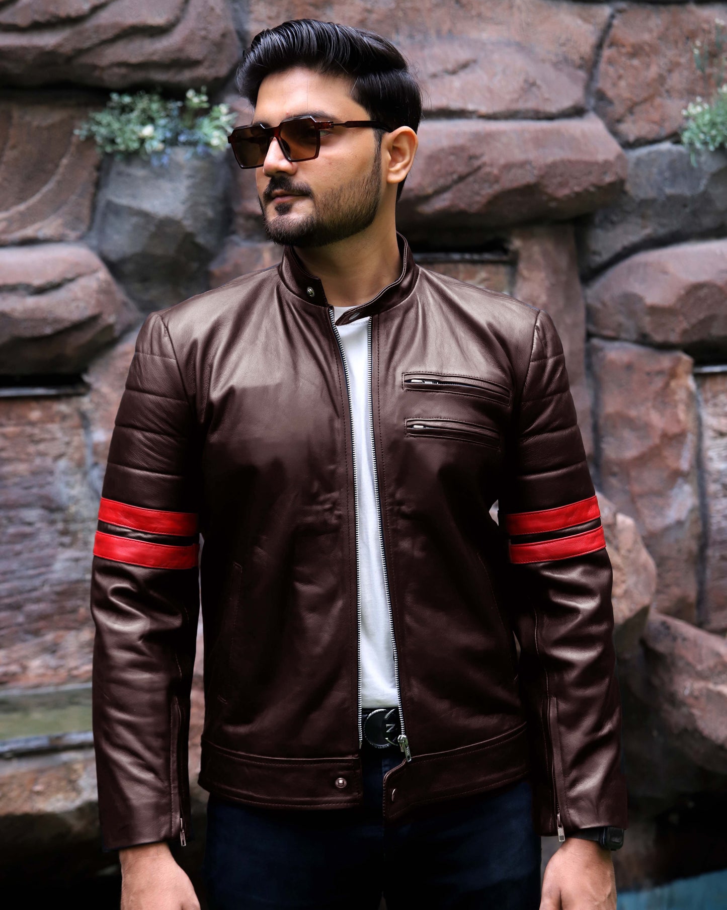 SARGODHA JACKET Men's Cafe Racer Leather Jacket With Red Bicep Stripes, Biker Leather Jacket For Men- Brown/Red