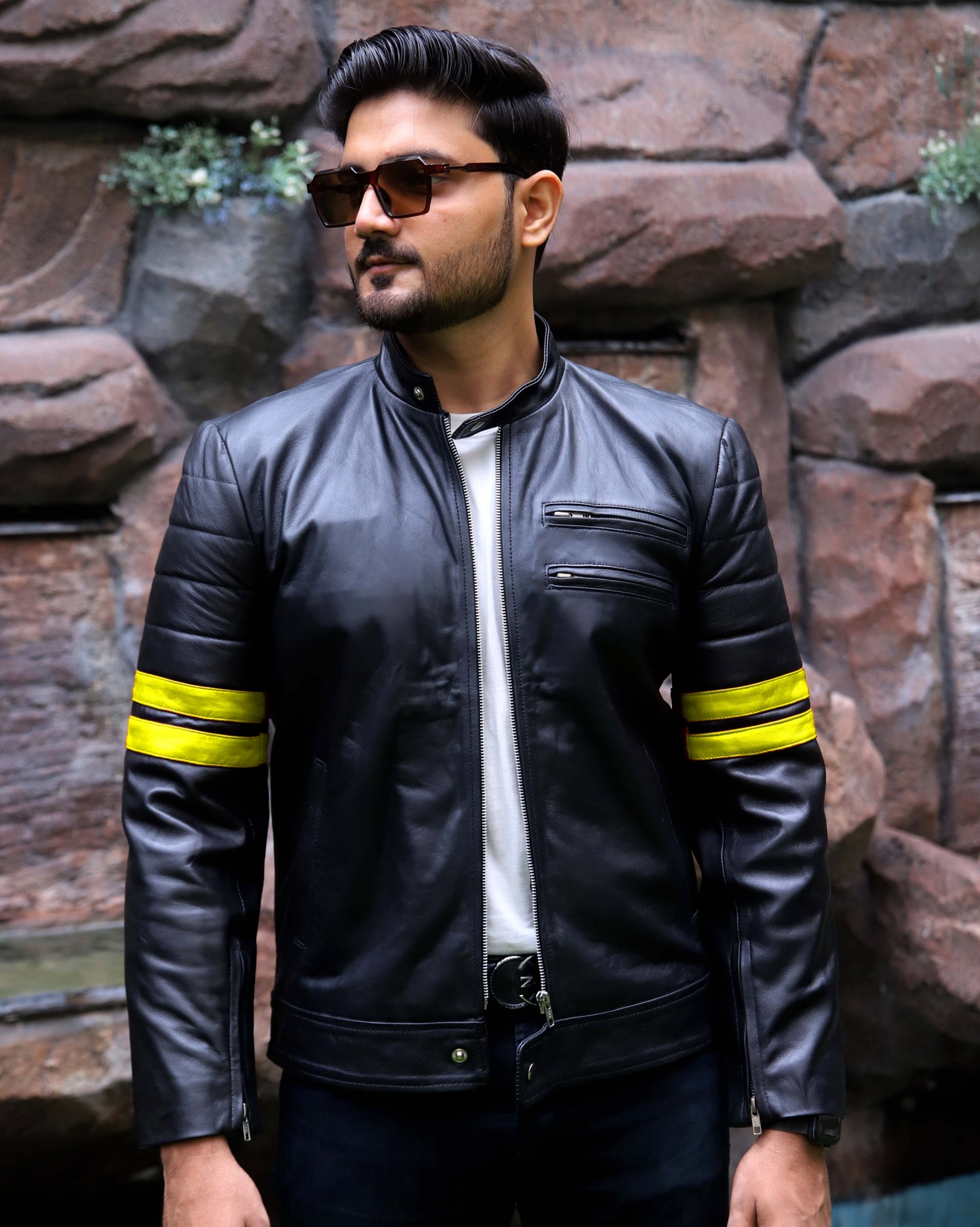 SARGODHA JACKET Men's Cafe Racer Leather Jacket With Yellow Bicep Stripes, Biker Leather Jacket For Men- Black/Yellow