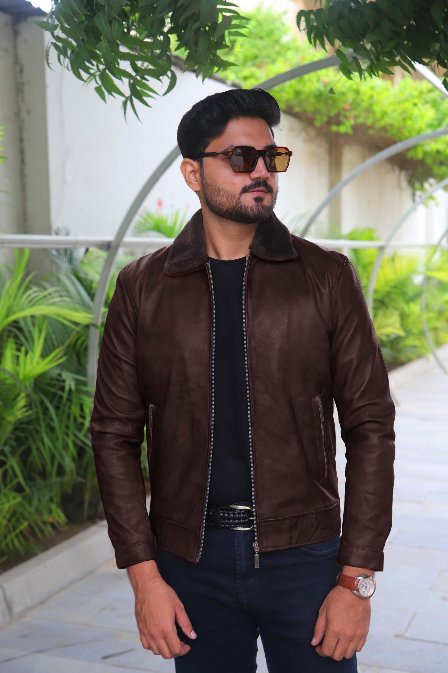 KHANIWAL JACKET Men's Leather Jacket With Fur Collar, Motorcycle Leather Jacket For Men, Casual Street Wear Leather Jacket- Brown