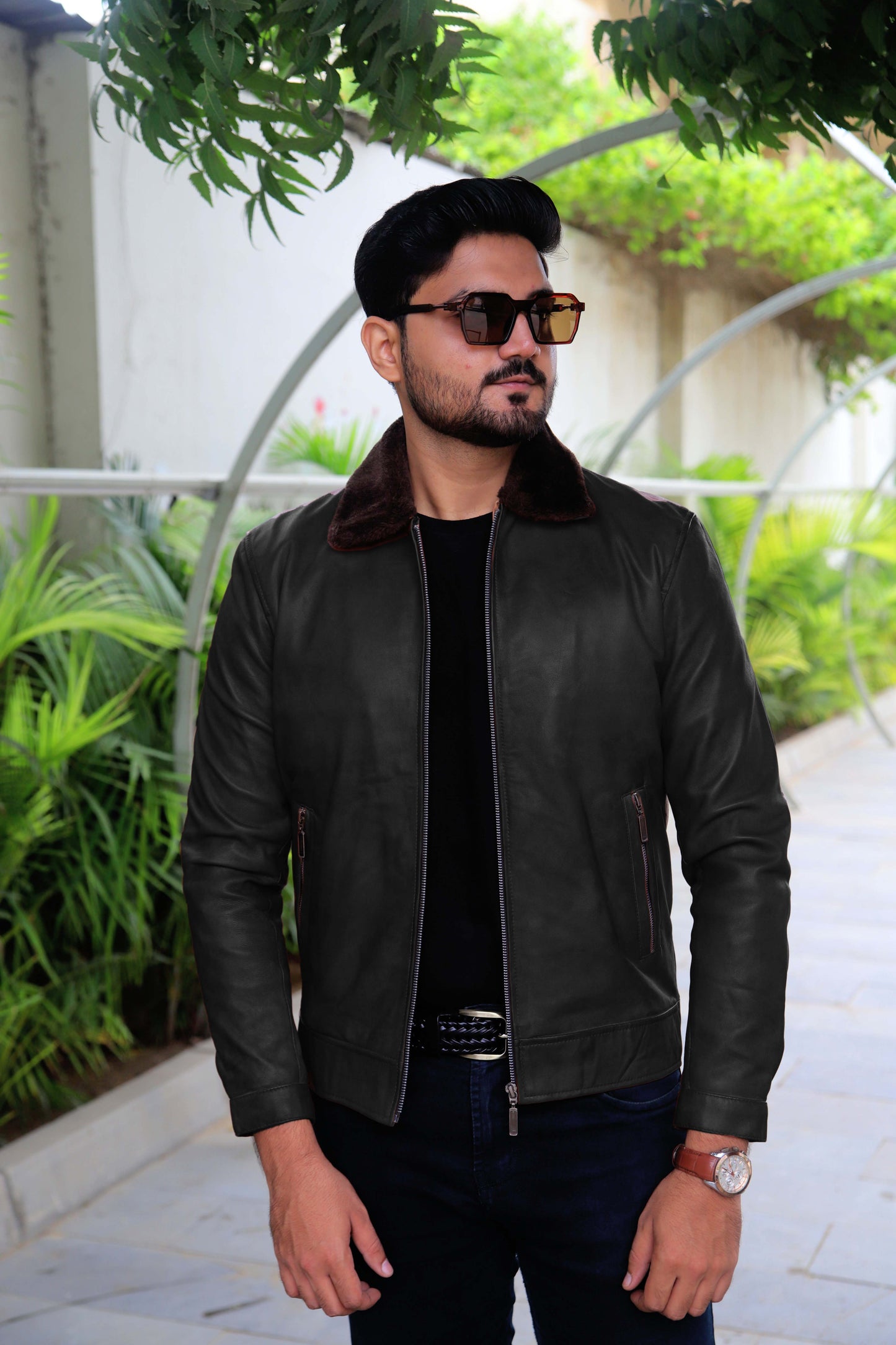 KHANIWAL JACKET Men's Leather Jacket With Fur Collar, Motorcycle Leather Jacket For Men, Casual Street Wear Leather Jacket- Black