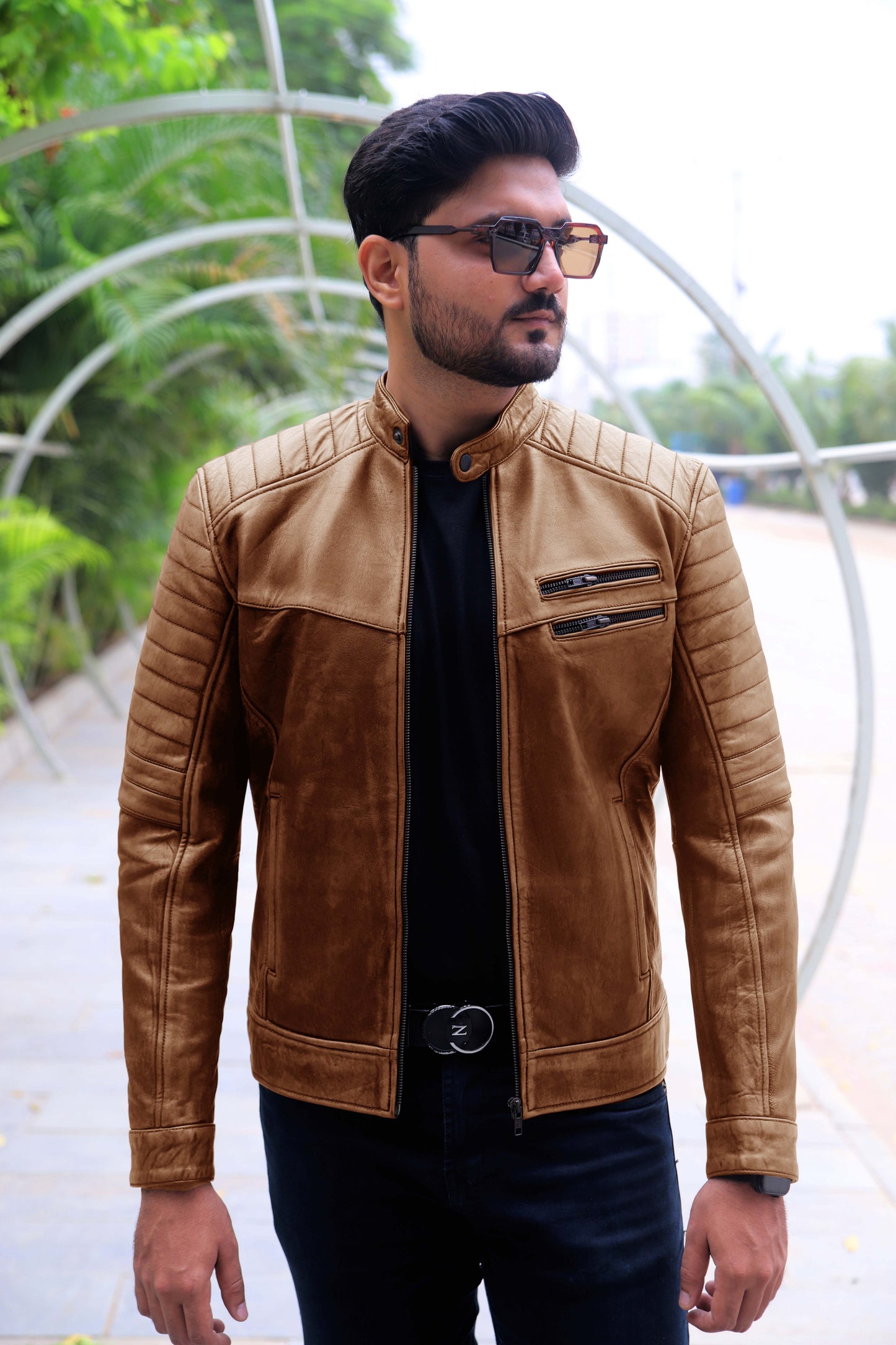 KAMOKE JACKET Men's Distressed Biker Leather Jacket, Vintage Motorcycle Jacket For Men- Vintage Cognac Lite