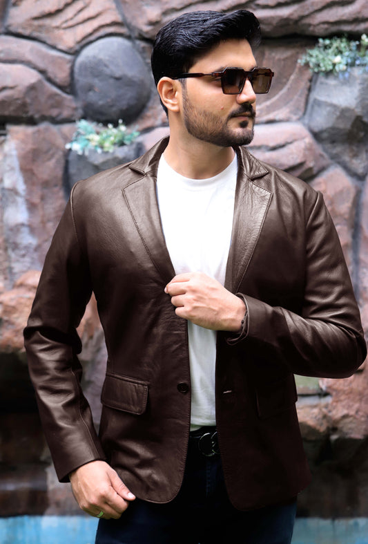 CHINIOT JACKET Men's  Leather Blazer, Formal Leather Blazer For Men- Brown