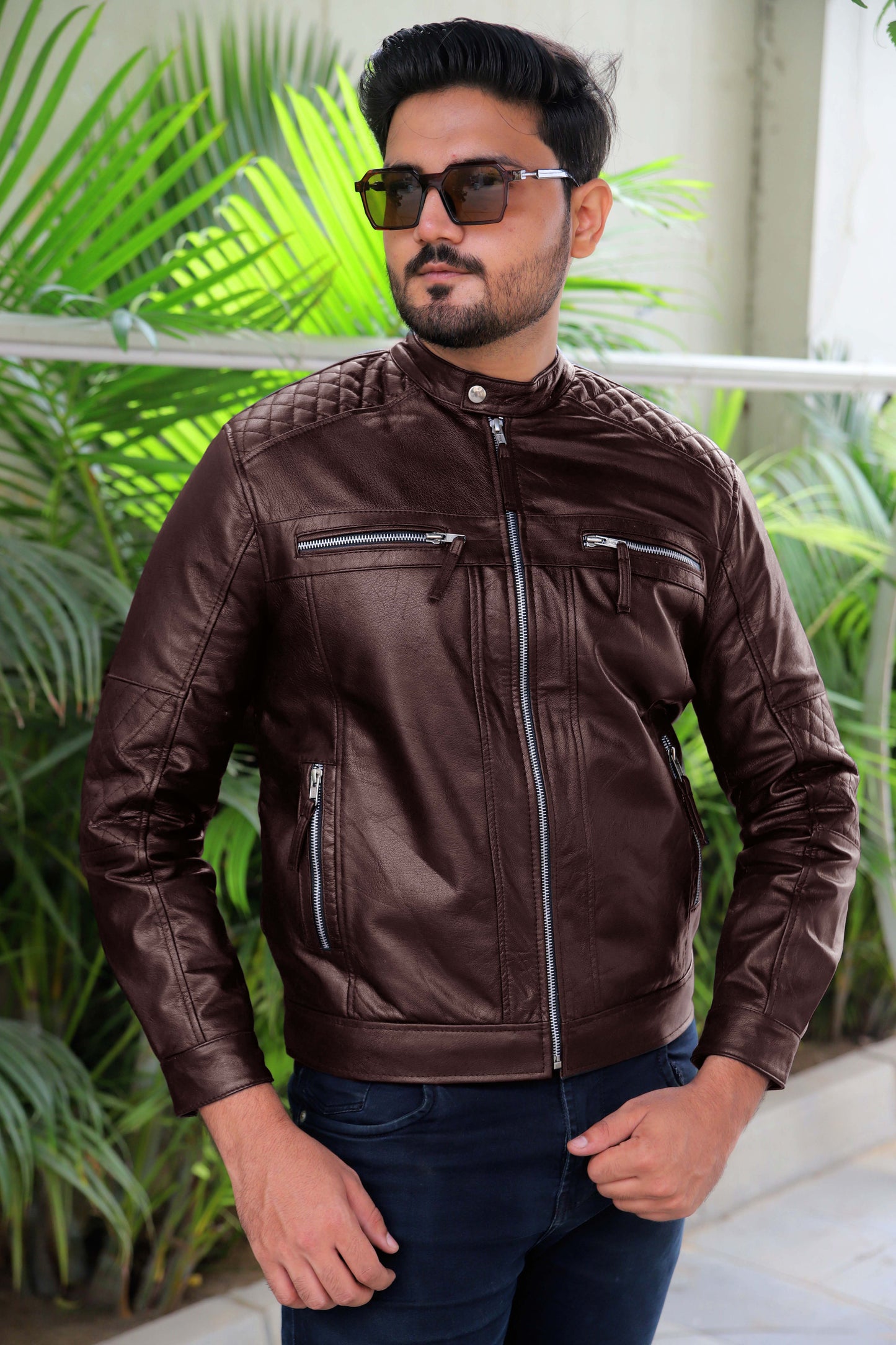 KHANPUR JACKET Men's Leather Jacket, Diamond Style Leather Jacket For Men, Biker Leather Jacket For Men- Brown