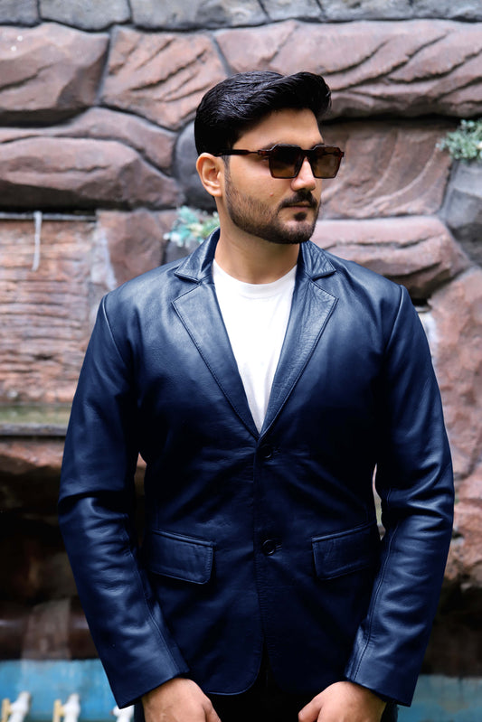 CHINIOT JACKET Men's  Leather Blazer, Formal Leather Blazer For Men- Blue