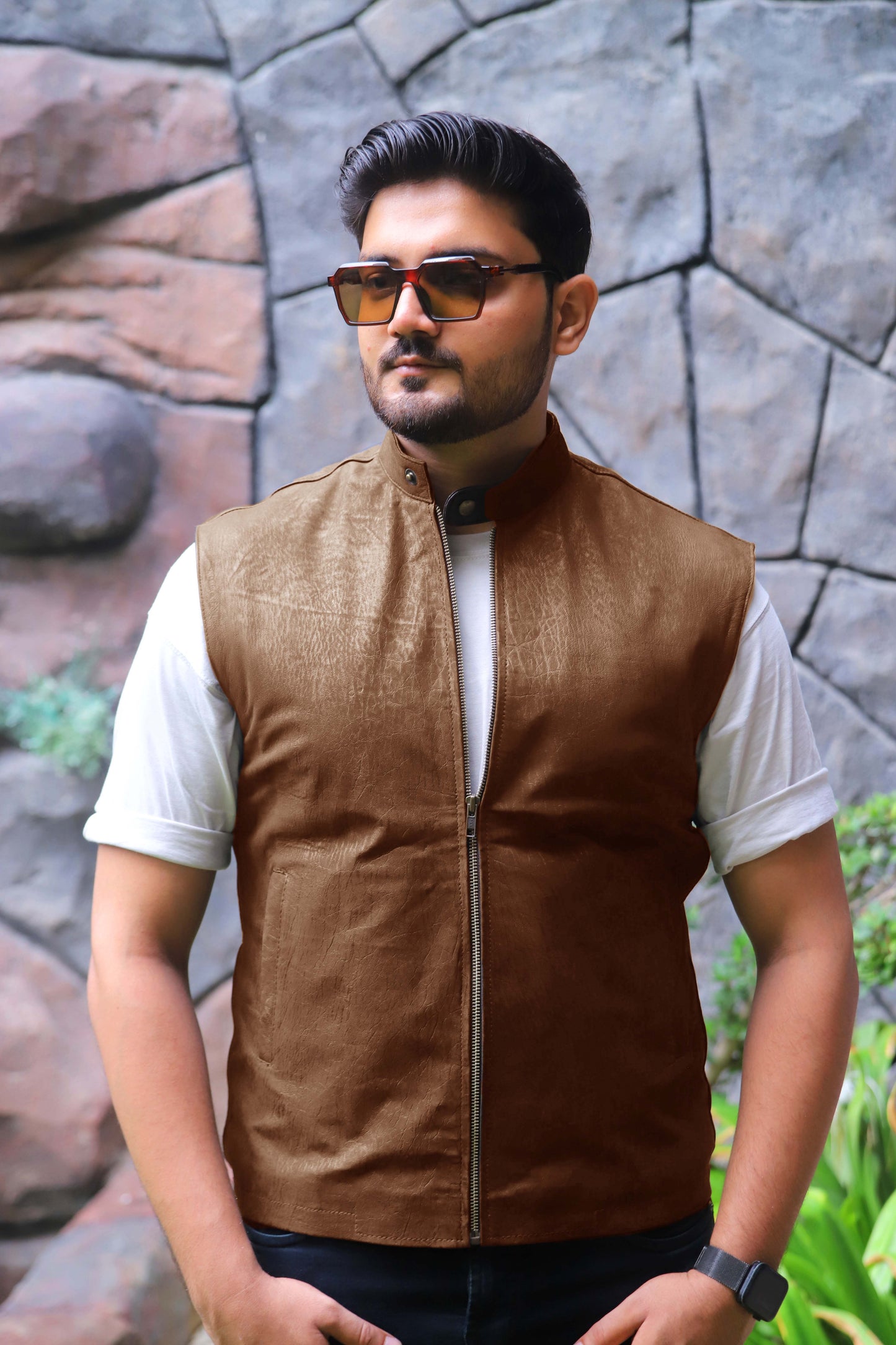 BUREWALA JACKET Men's Leather Vest, Formal Leather Vest, Biker Leather Vest, Casual Leather Vest For Men- Cognac