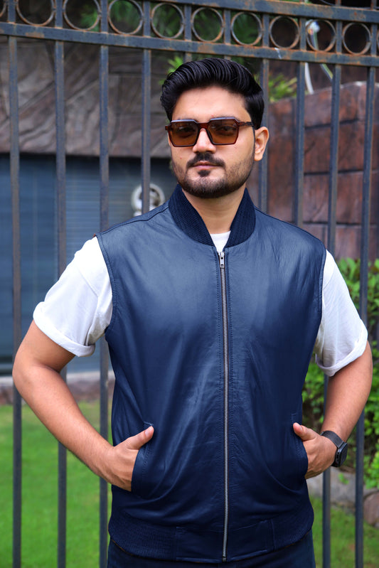 MINGORA JACKET Men's Leather Vest, Formal Leather Vest, Biker Leather Vest, Casual Leather Vest For Men-Blue