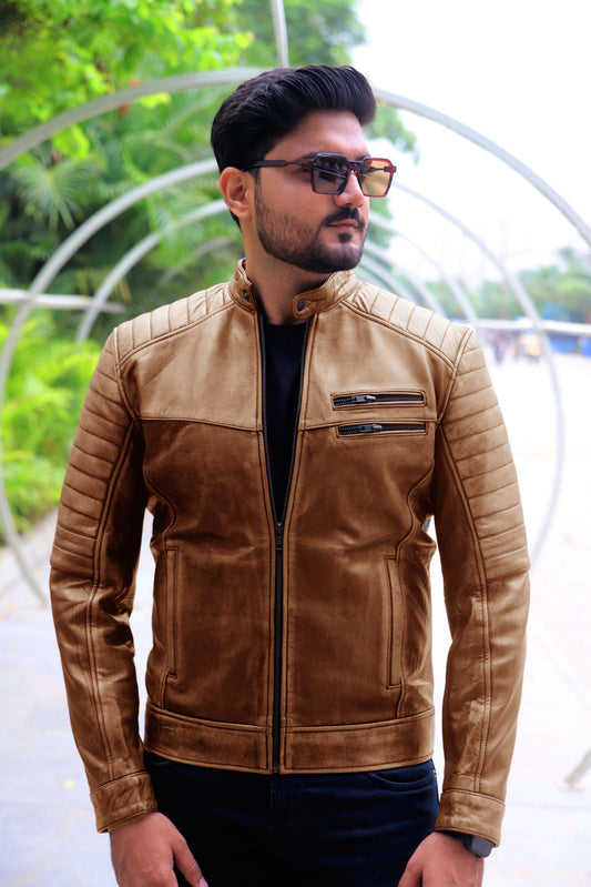 KAMOKE JACKET Men's Distressed Biker Leather Jacket, Vintage Motorcycle Jacket For Men- Vintage Cognac Lite