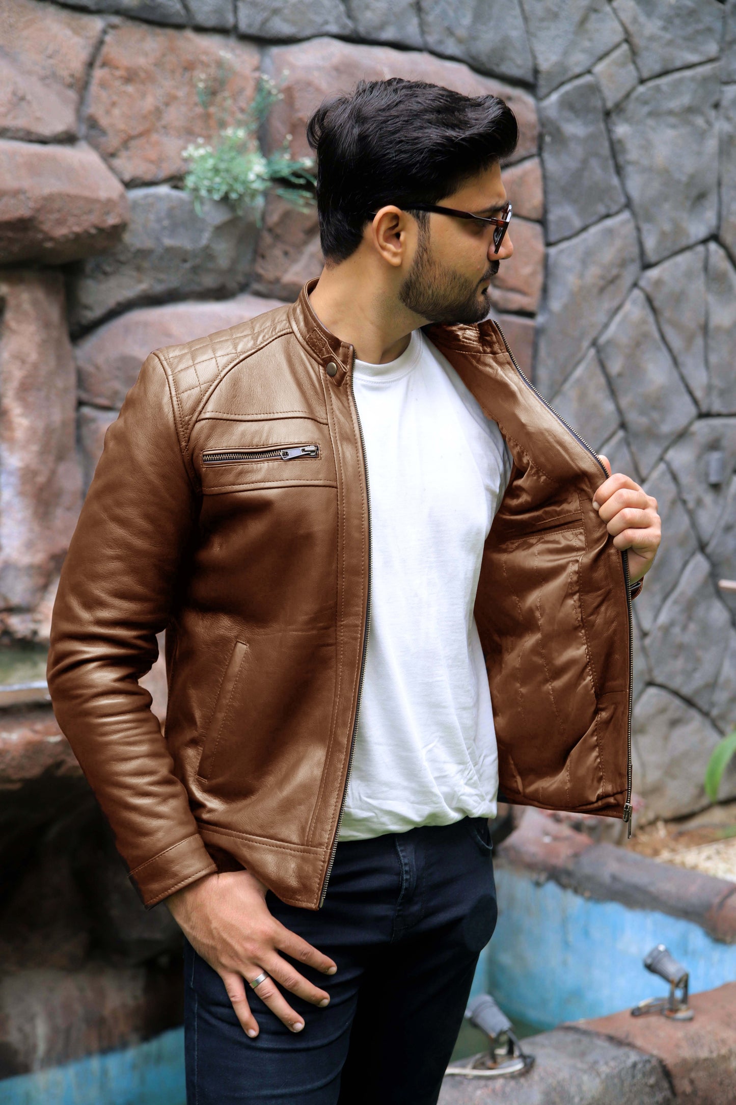 SAHIWAL JACKET Men's Leather Jacket For Men, Diamond Style Biker Jacket For Men-Cognac