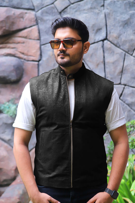 BUREWALA JACKET Men's Leather Vest, Formal Leather Vest, Biker Leather Vest, Casual Leather Vest For Men- Black