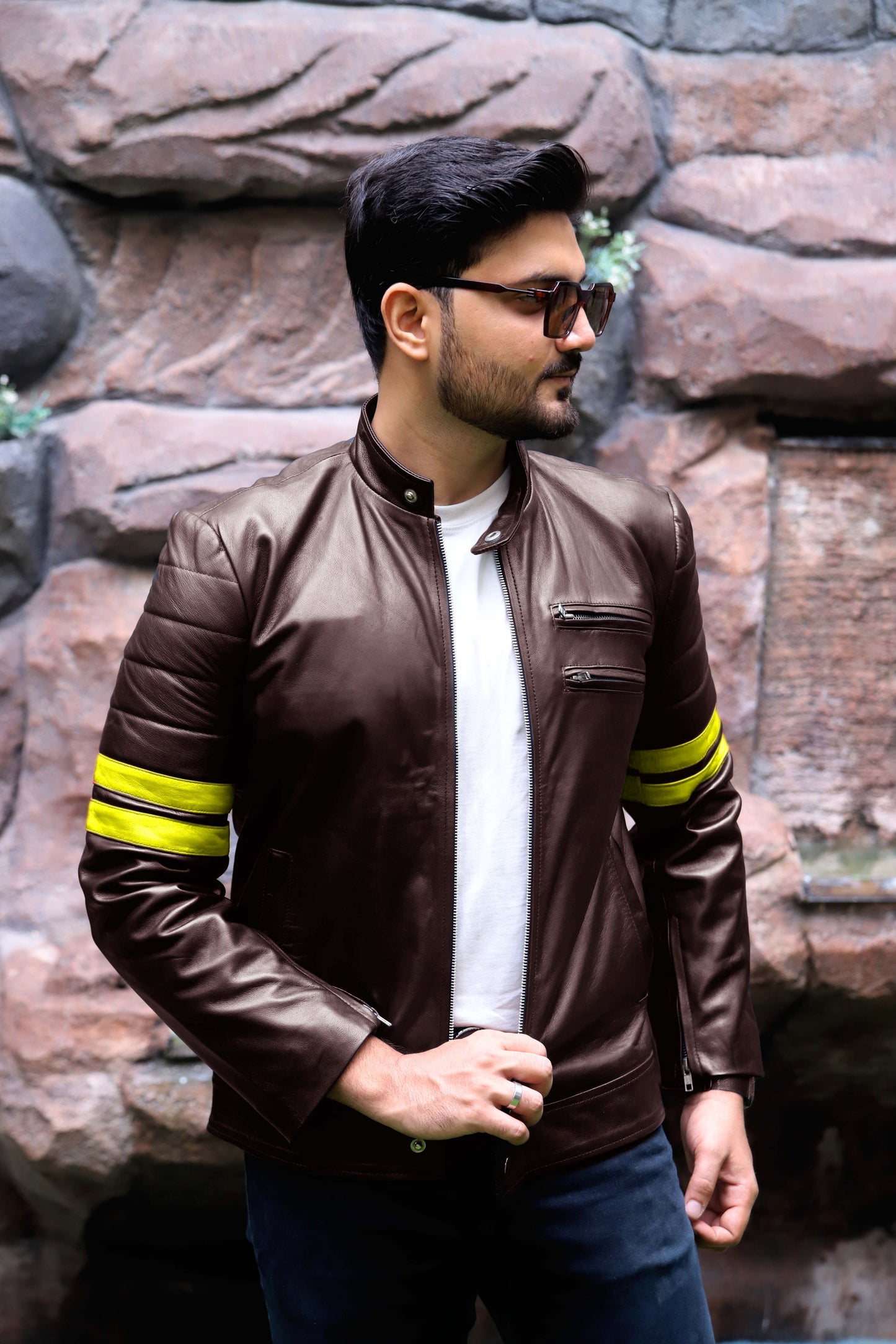 SARGODHA JACKET Men's Cafe Racer Leather Jacket With Yellow Bicep Stripes, Biker Leather Jacket For Men- Brown/Yellow