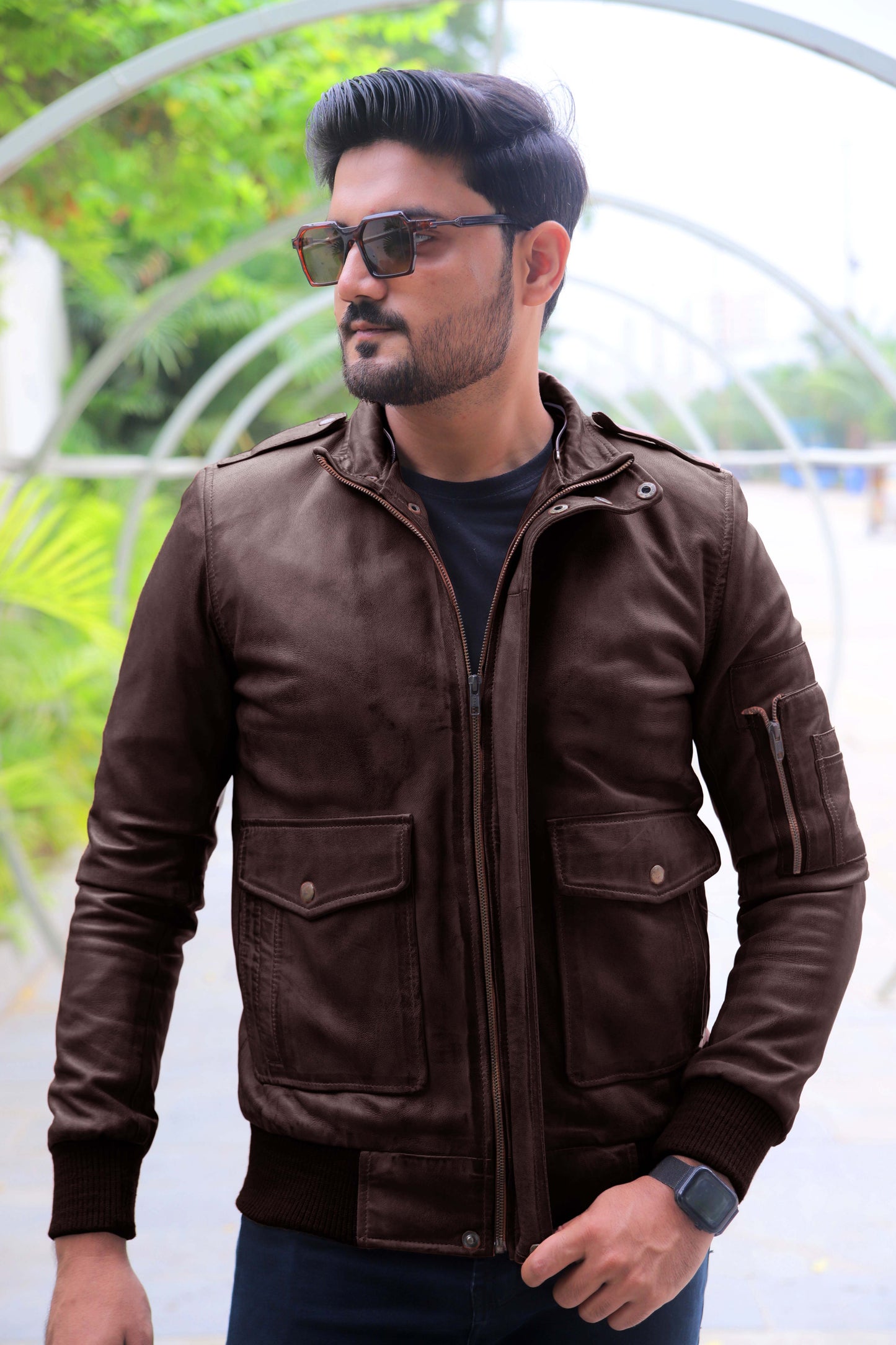 JHELUM JACKET Men's A2 Aviator Bomber Leather Jacket For, Men's Leather Jacket- Brown