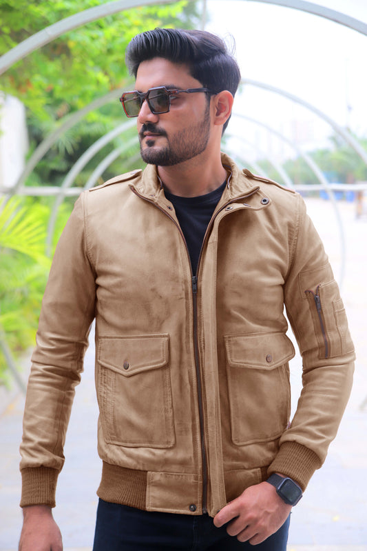 JHELUM JACKET Men's A2 Aviator Bomber Leather Jacket For, Men's Leather Jacket- Khaki