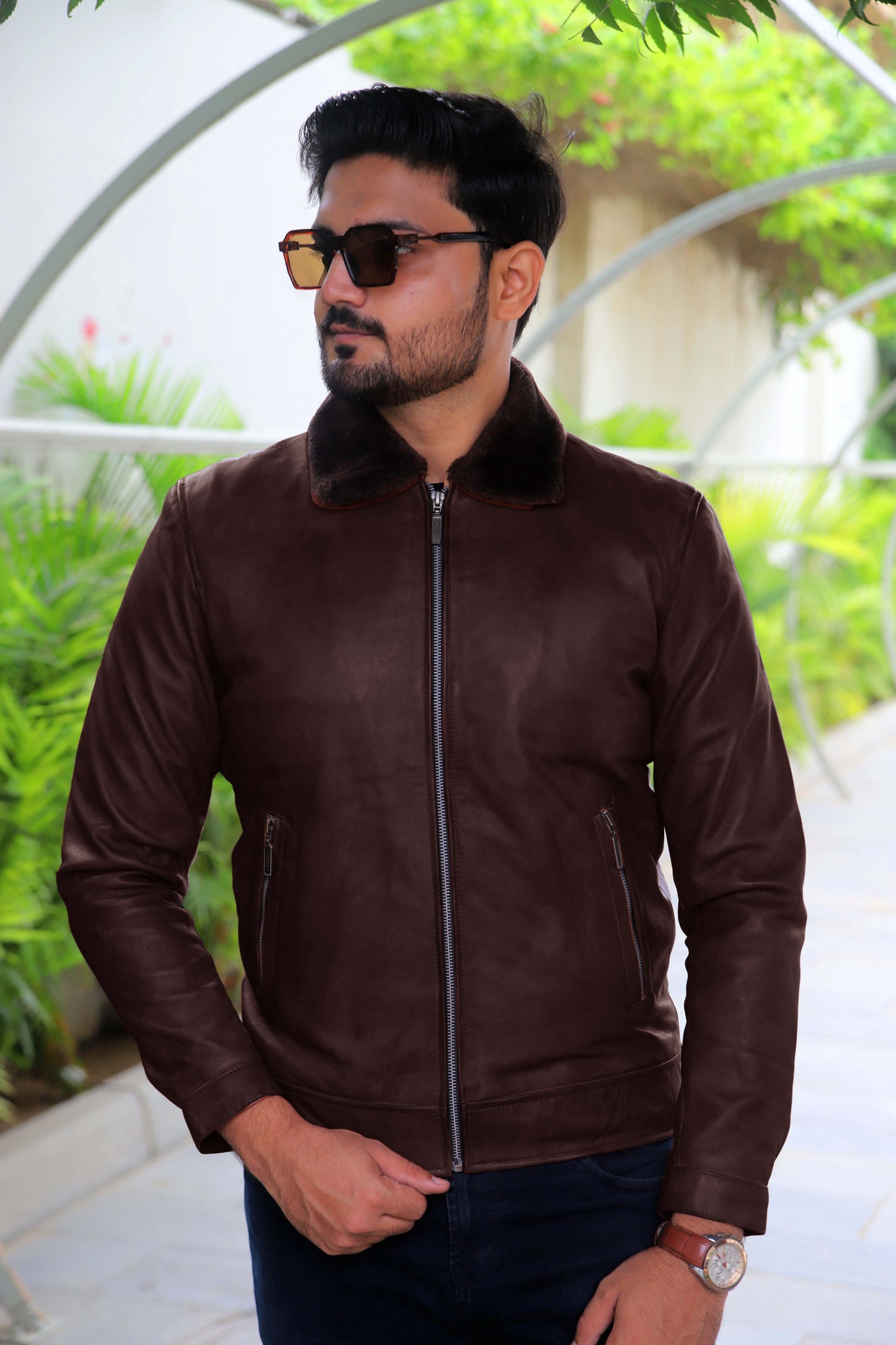 KHANIWAL JACKET Men's Leather Jacket With Fur Collar, Motorcycle Leather Jacket For Men, Casual Street Wear Leather Jacket- Brown