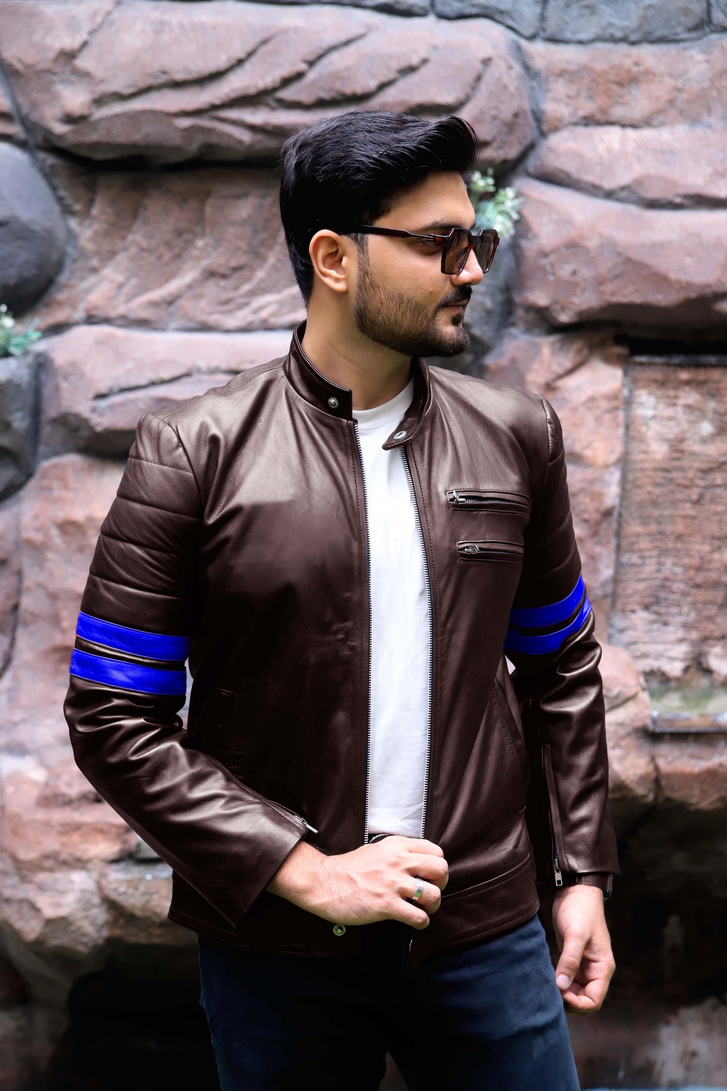 SARGODHA JACKET Men's Cafe Racer Leather Jacket With Blue Bicep Stripes, Biker Leather Jacket For Men- Brown/Blue