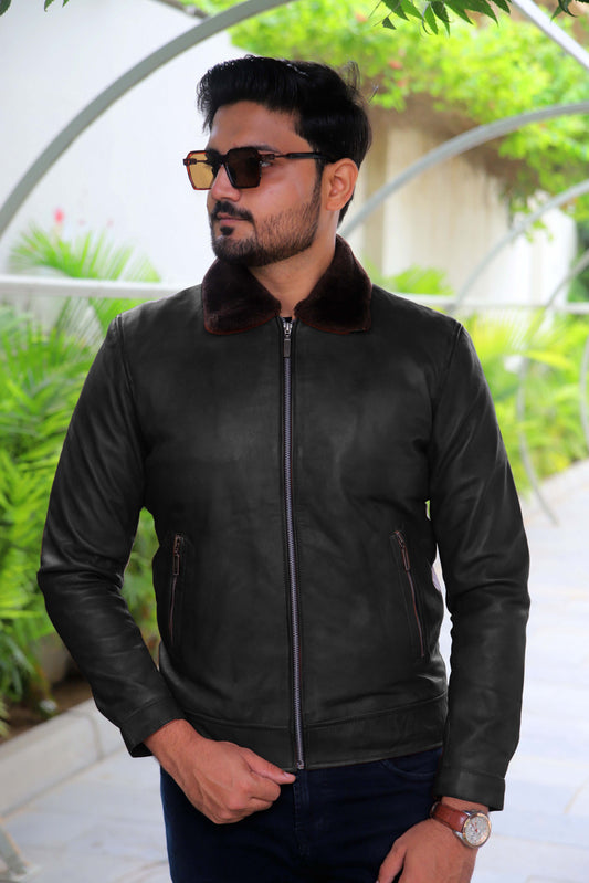 KHANIWAL JACKET Men's Leather Jacket With Fur Collar, Motorcycle Leather Jacket For Men, Casual Street Wear Leather Jacket- Black