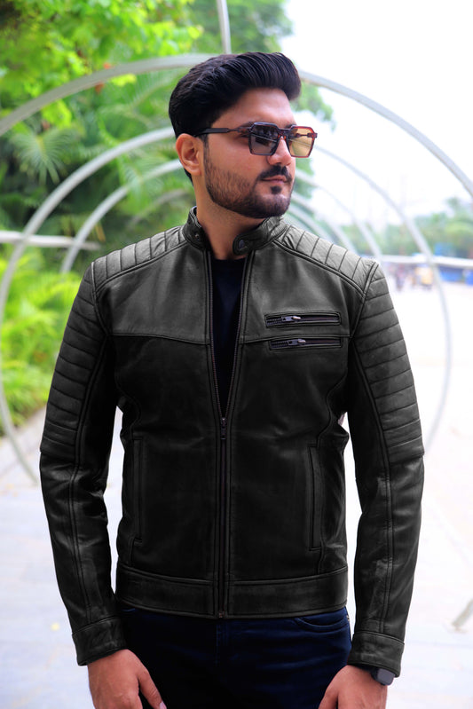 KAMOKE JACKET Men's Distressed Biker Leather Jacket, Vintage Motorcycle Jacket For Men- Vintage Black lite