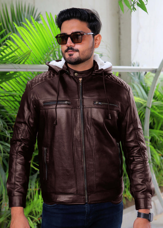 KOHAT JACKET Men's Leather Jacket With Fur Inner & (Removeable Hood), Biker Hooded Leather Jacket For Men- Brown
