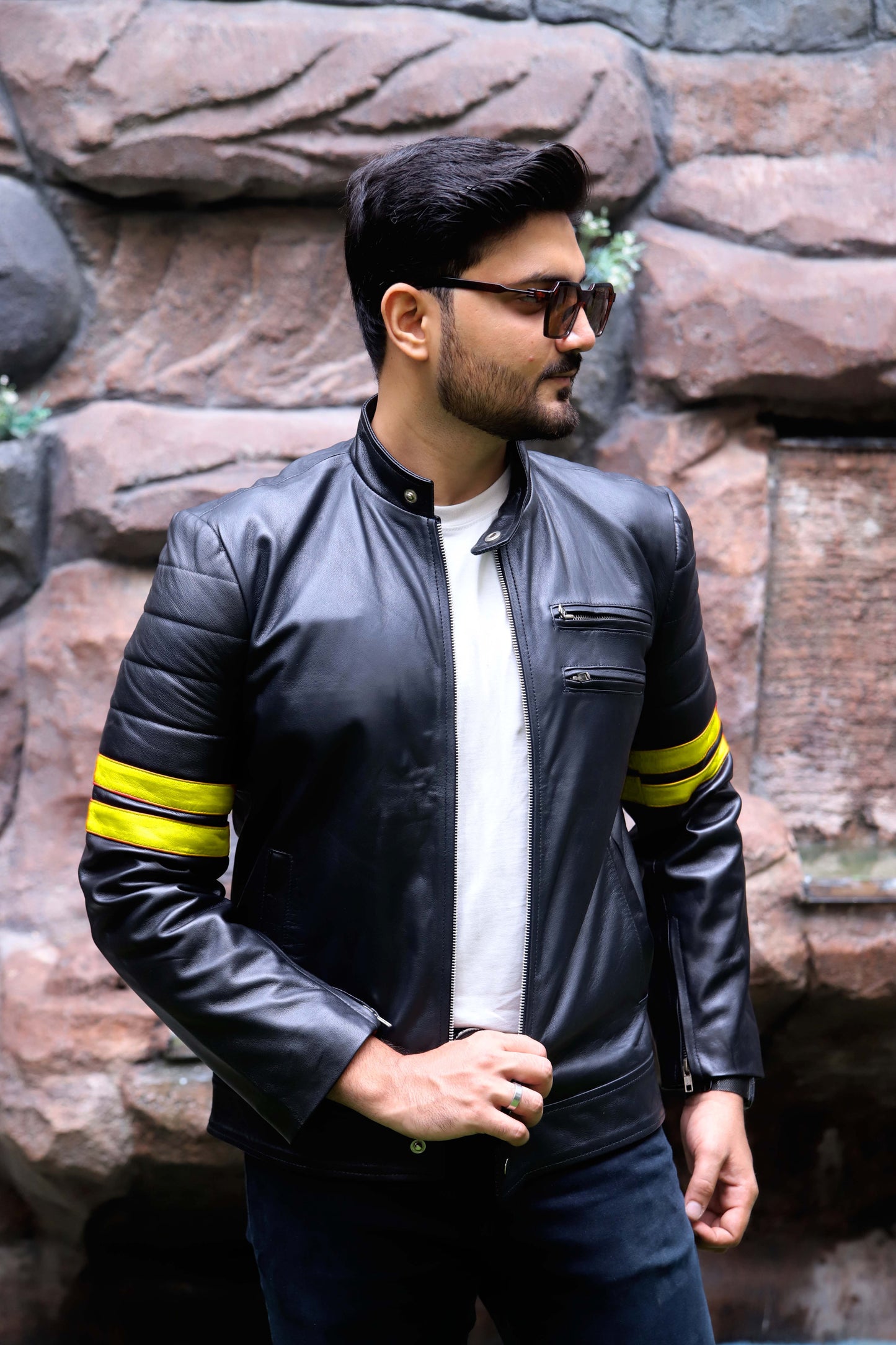 SARGODHA JACKET Men's Cafe Racer Leather Jacket With Yellow Bicep Stripes, Biker Leather Jacket For Men- Black/Yellow