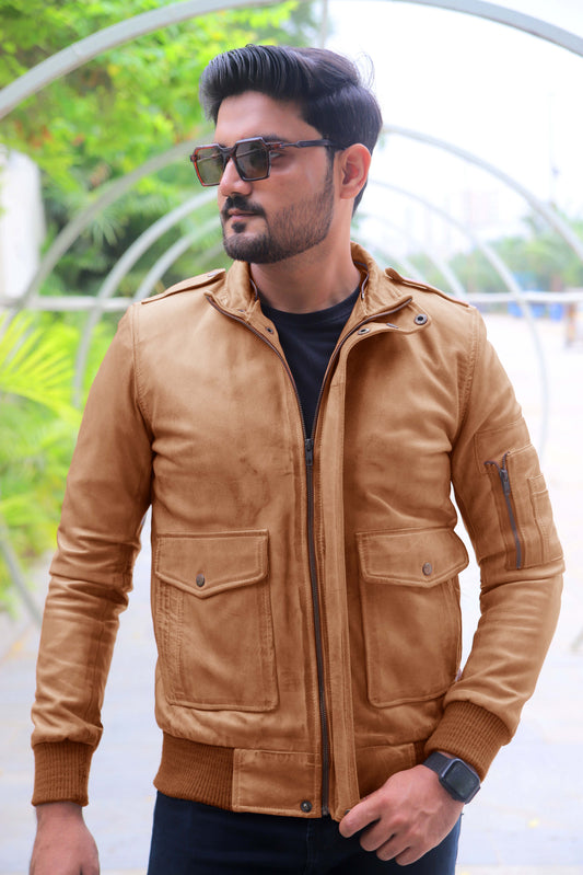 JHELUM JACKET Men's A2 Aviator Bomber Leather Jacket For, Men's Leather Jacket- Cognac