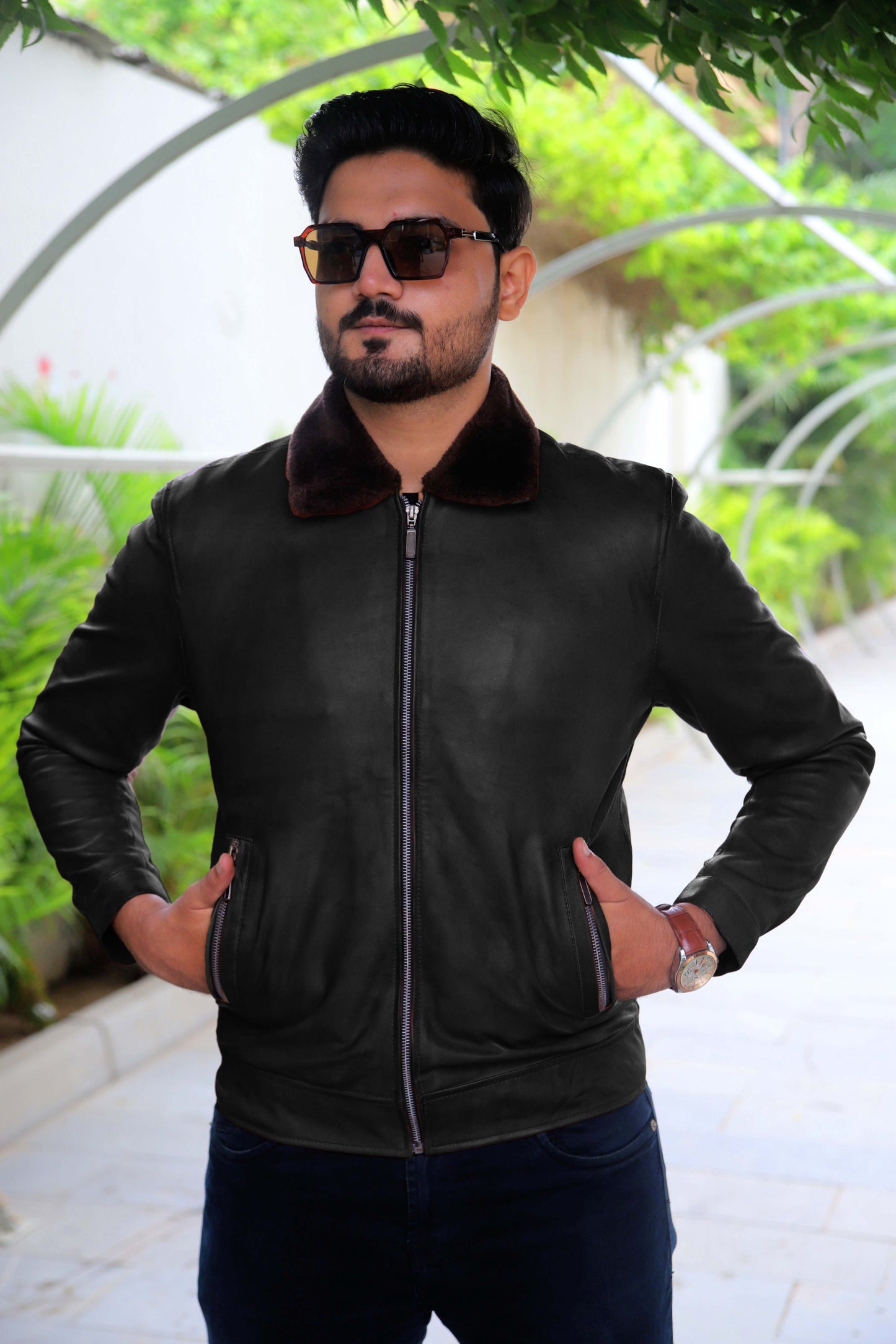 KHANIWAL JACKET Men's Leather Jacket With Fur Collar, Motorcycle Leather Jacket For Men, Casual Street Wear Leather Jacket- Black