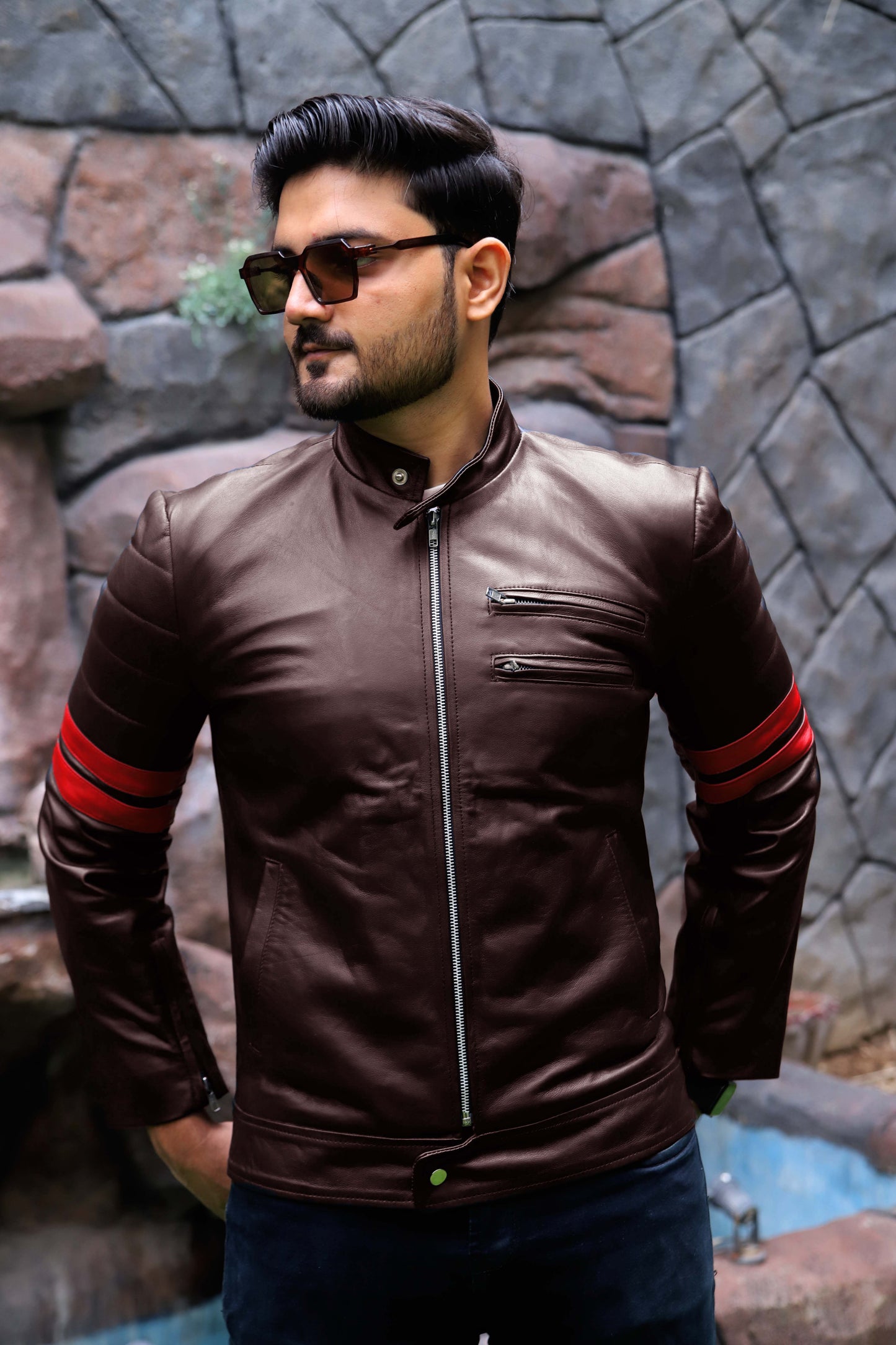 SARGODHA JACKET Men's Cafe Racer Leather Jacket With Red Bicep Stripes, Biker Leather Jacket For Men- Brown/Red