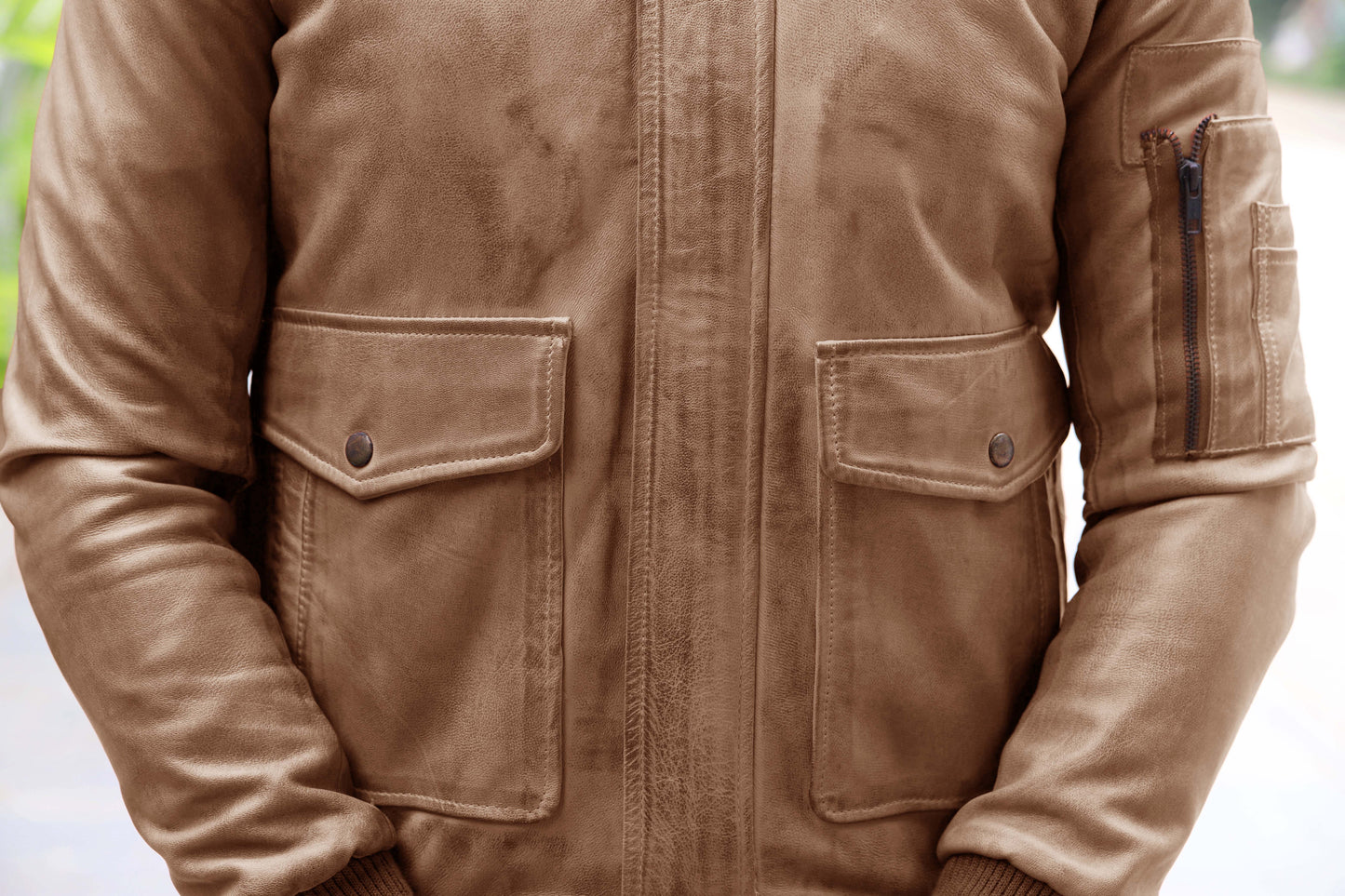 JHELUM JACKET Men's A2 Aviator Bomber Leather Jacket For, Men's Leather Jacket- Khaki