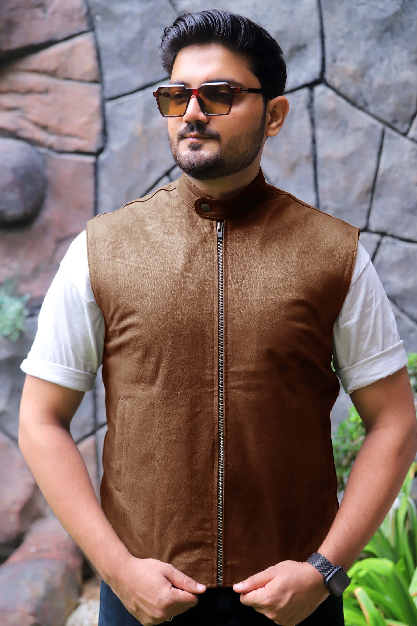 BUREWALA JACKET Men's Leather Vest, Formal Leather Vest, Biker Leather Vest, Casual Leather Vest For Men- Cognac