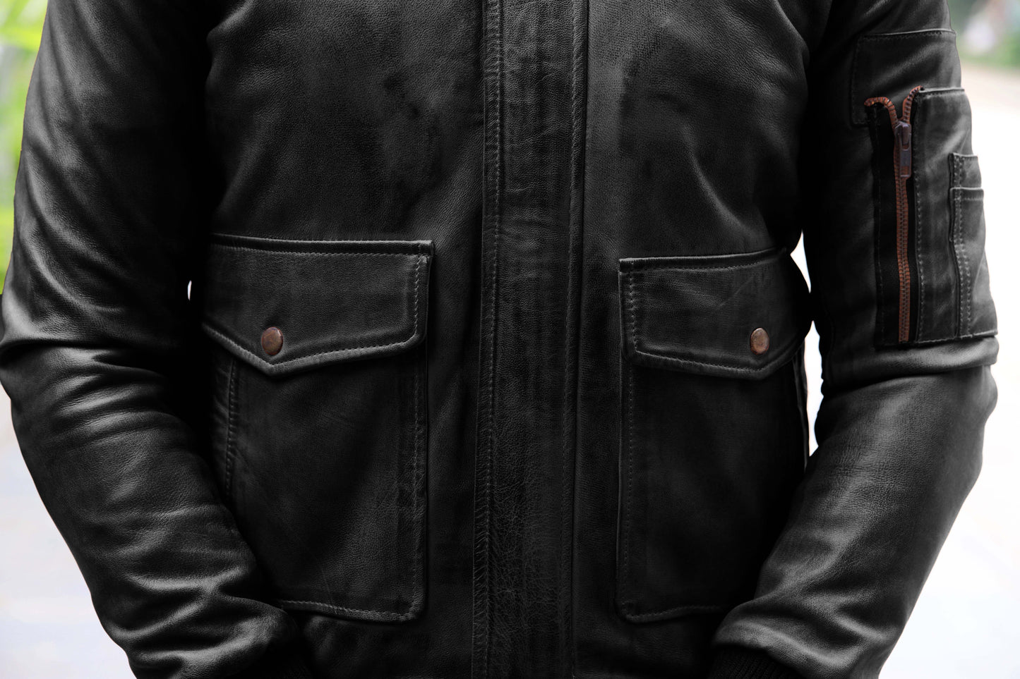 JHELUM JACKET Men's A2 Aviator Bomber Leather Jacket For, Men's Leather Jacket- Black