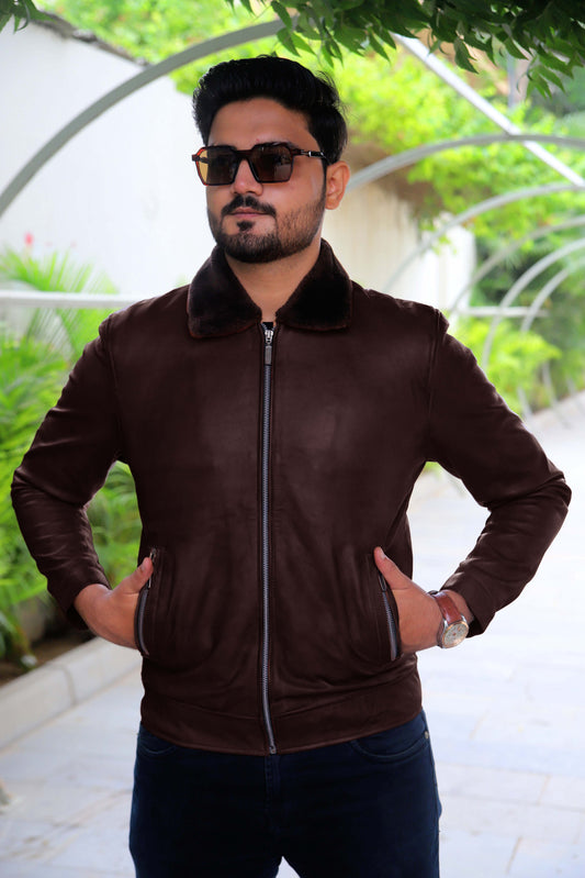 KHANIWAL JACKET Men's Leather Jacket With Fur Collar, Motorcycle Leather Jacket For Men, Casual Street Wear Leather Jacket- Brown