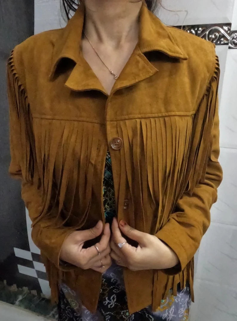 KHAIRPUR JACKET Suede Leather Fringe Jacket For Women- Tan