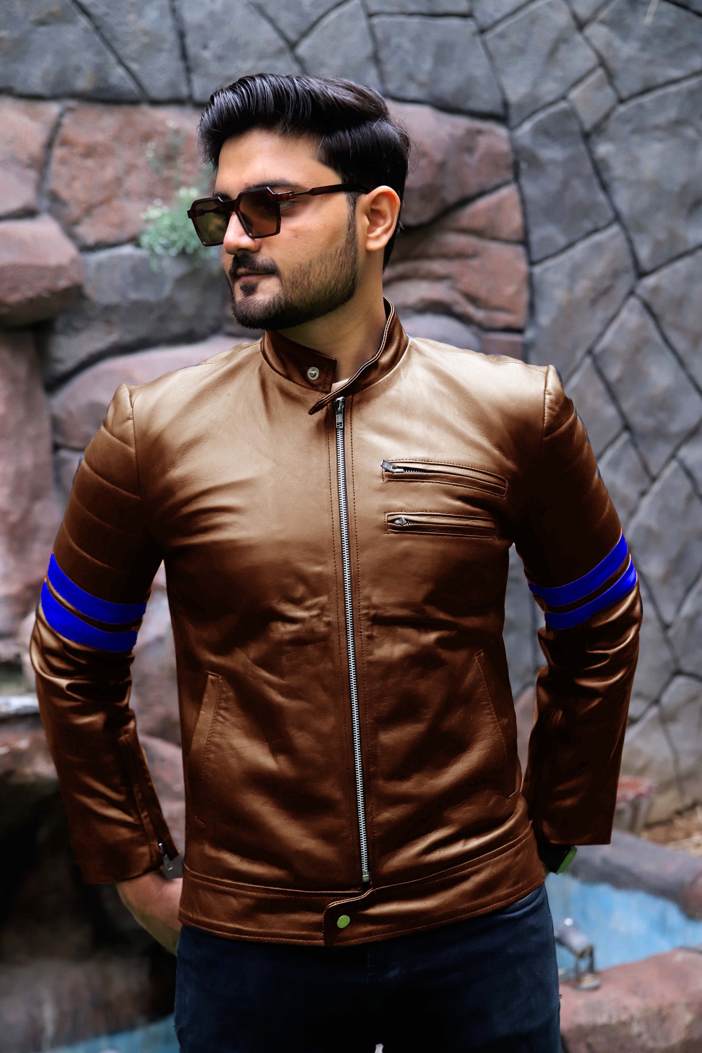 SARGODHA JACKET Men's Cafe Racer Leather Jacket With Blue Bicep Stripes, Biker Leather Jacket For Men- Cognac/Blue