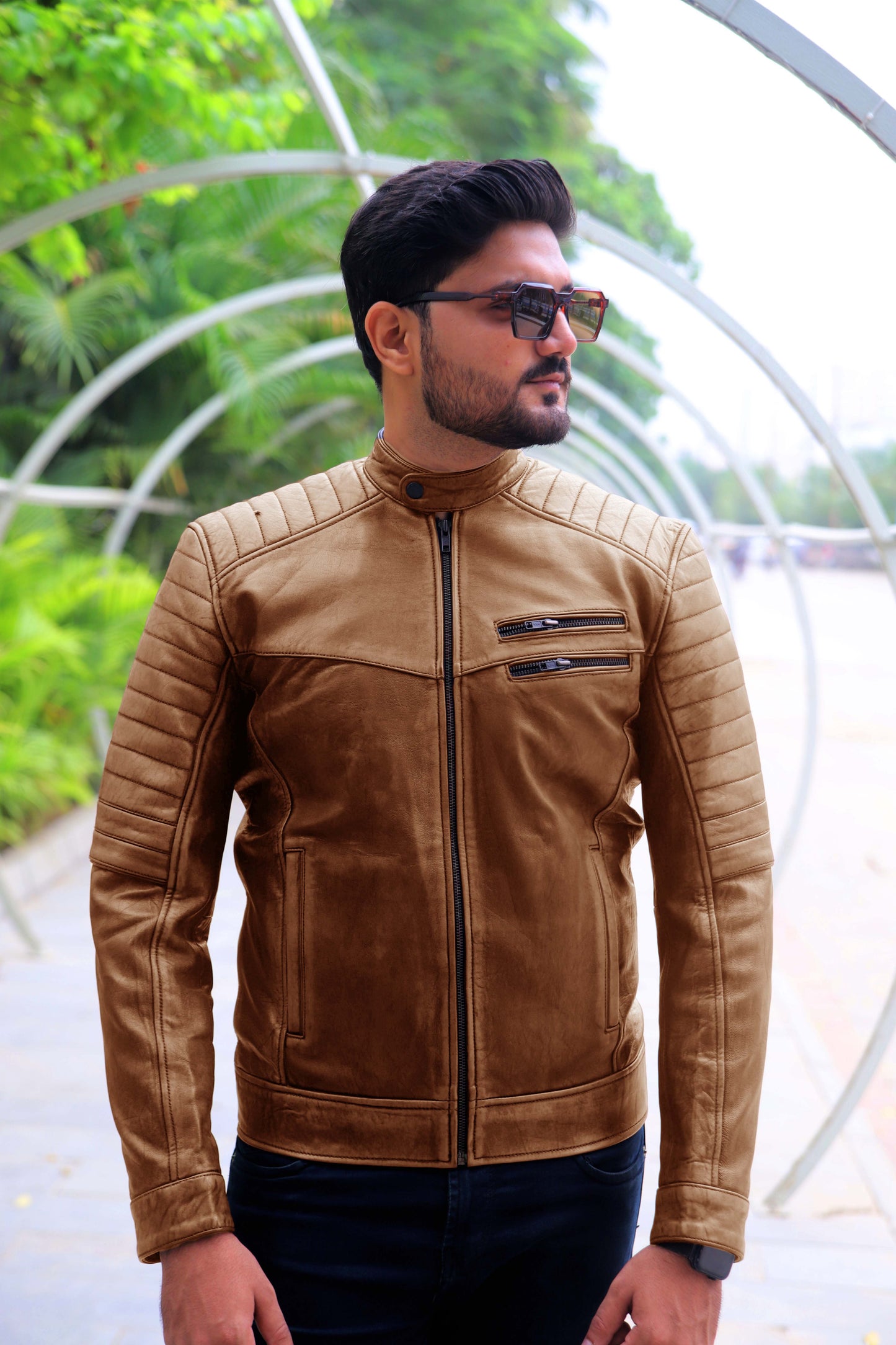 KAMOKE JACKET Men's Distressed Biker Leather Jacket, Vintage Motorcycle Jacket For Men- Vintage Cognac Lite