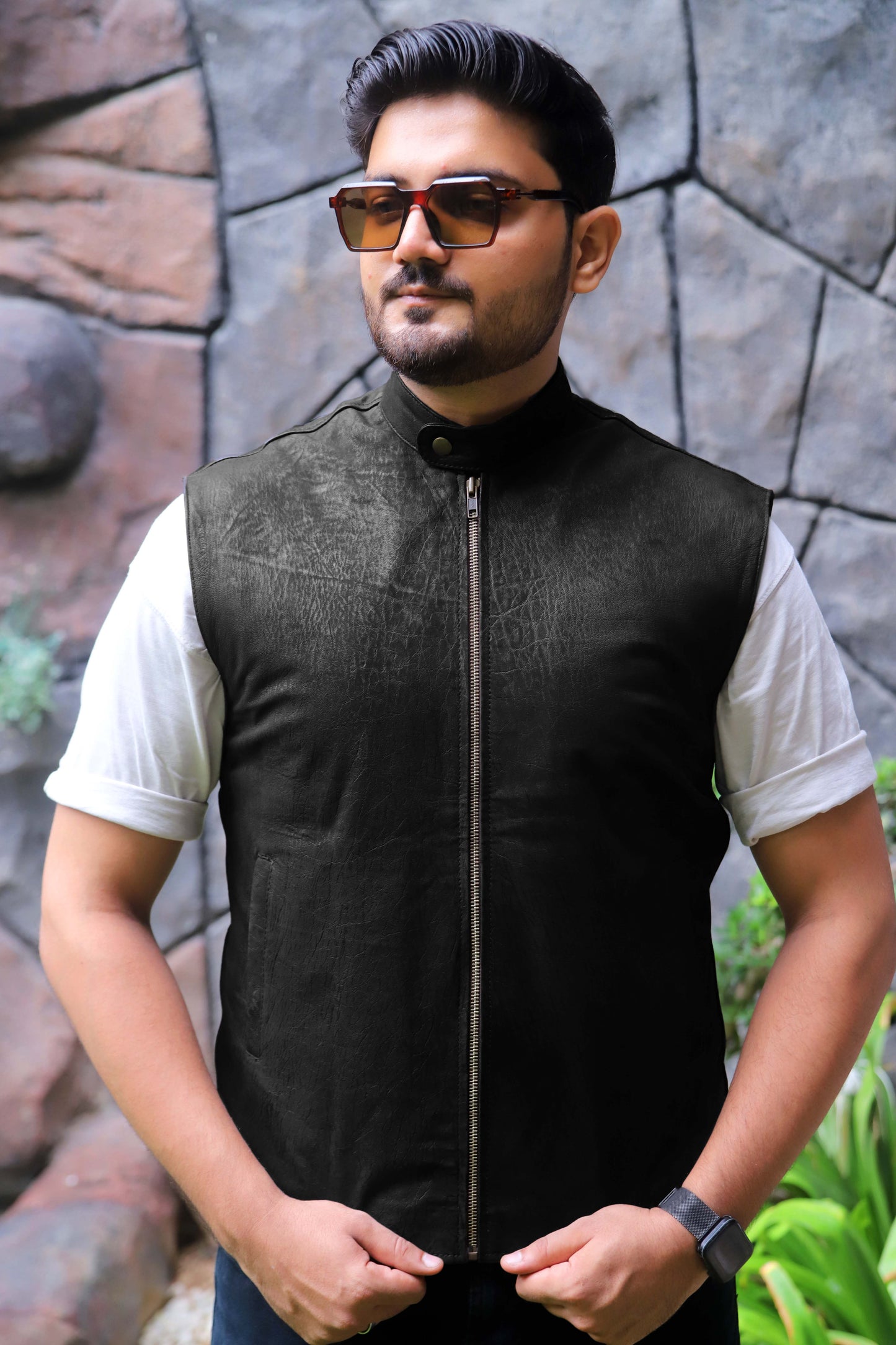 BUREWALA JACKET Men's Leather Vest, Formal Leather Vest, Biker Leather Vest, Casual Leather Vest For Men- Black