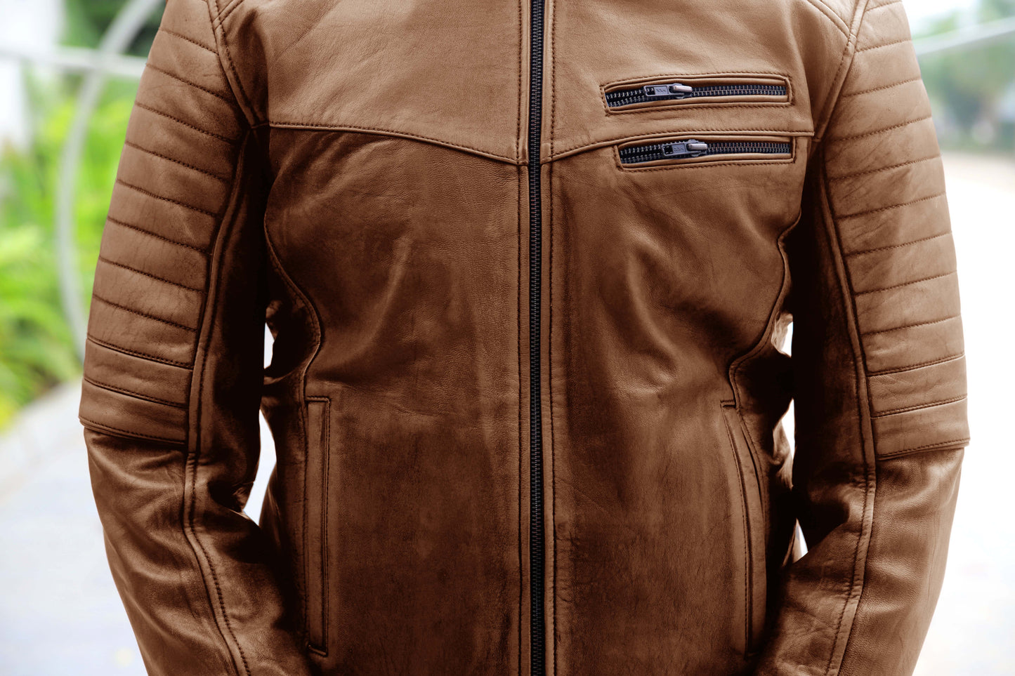 KAMOKE JACKET Men's Distressed Biker Leather Jacket, Vintage Motorcycle Jacket For Men- Vintage Cognac Lite