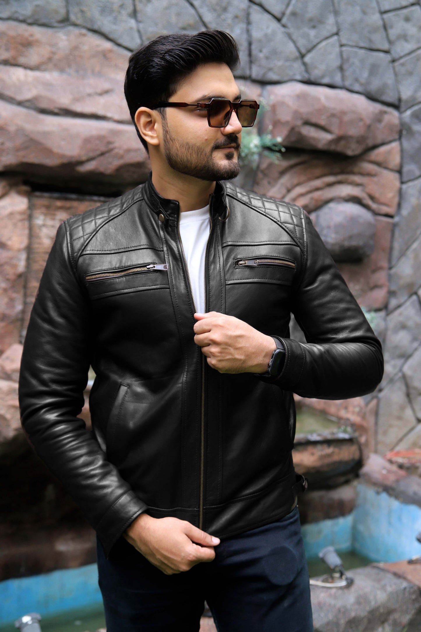 SAHIWAL JACKET Men's Leather Jacket For Men, Diamond Style Biker Jacket For Men-Jet Black
