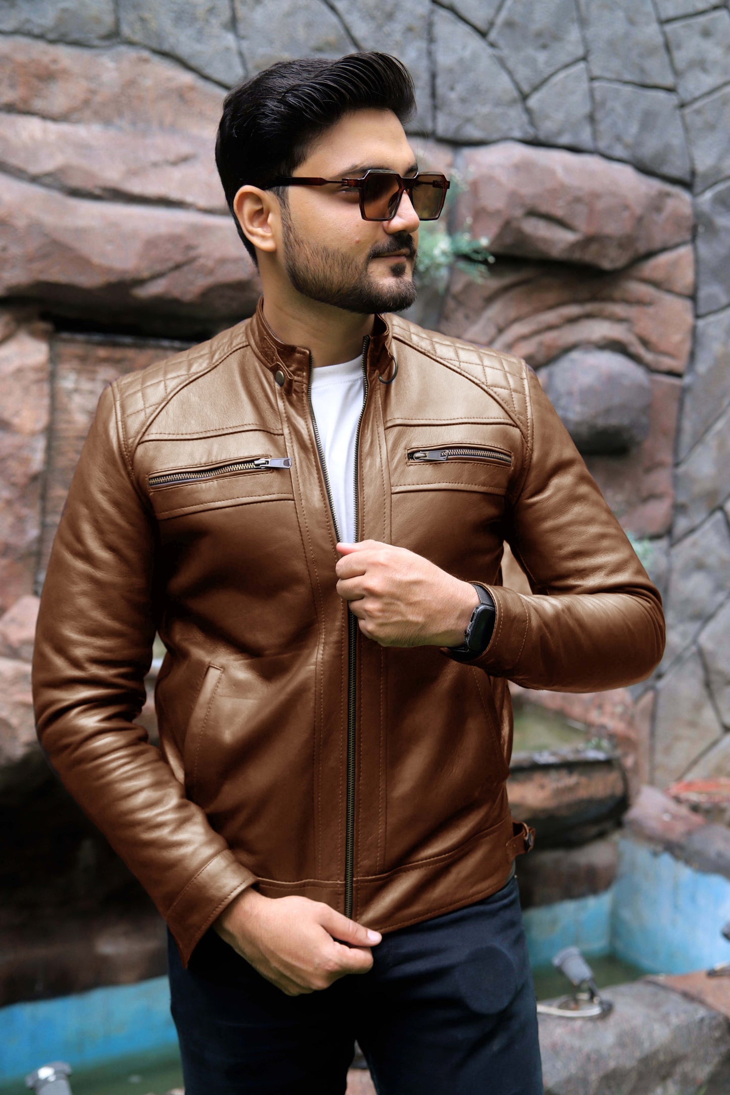 SAHIWAL JACKET Men's Leather Jacket For Men, Diamond Style Biker Jacket For Men-Cognac