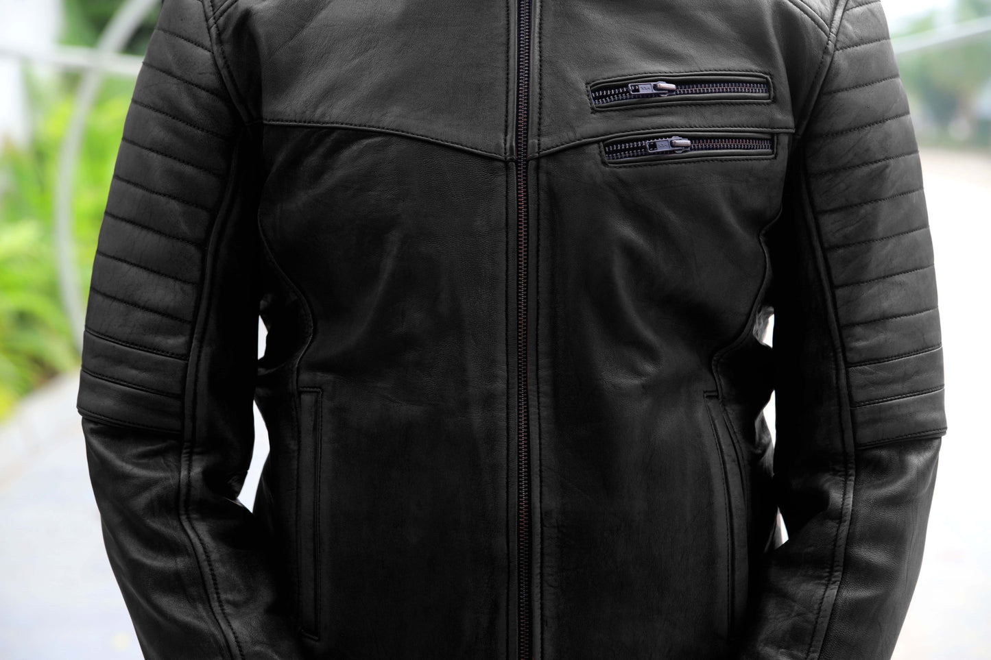 KAMOKE JACKET Men's Distressed Biker Leather Jacket, Vintage Motorcycle Jacket For Men- Vintage Black lite