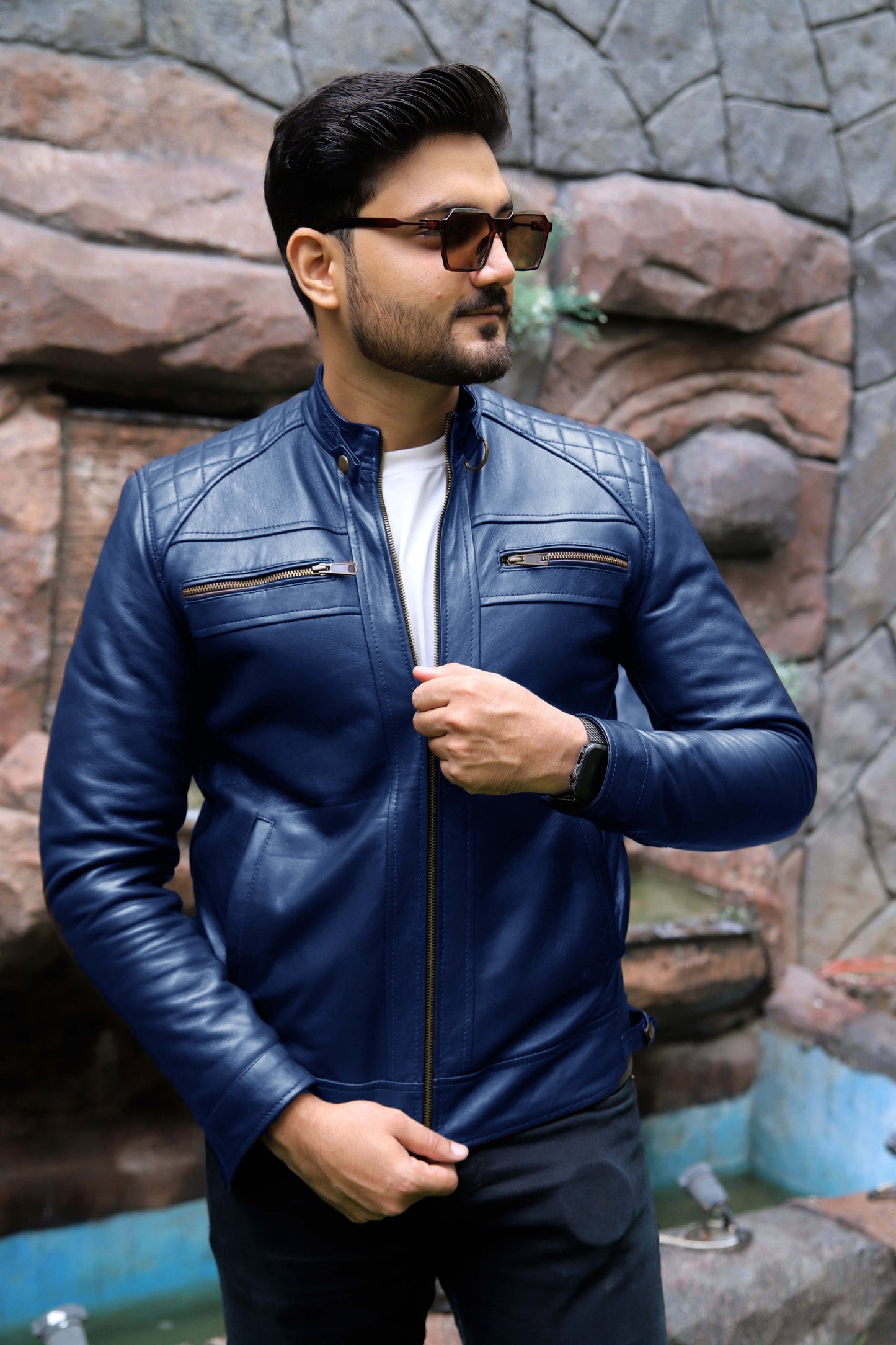 SAHIWAL JACKET Men's Leather Jacket For Men, Diamond Style Biker Jacket For Men-Blue